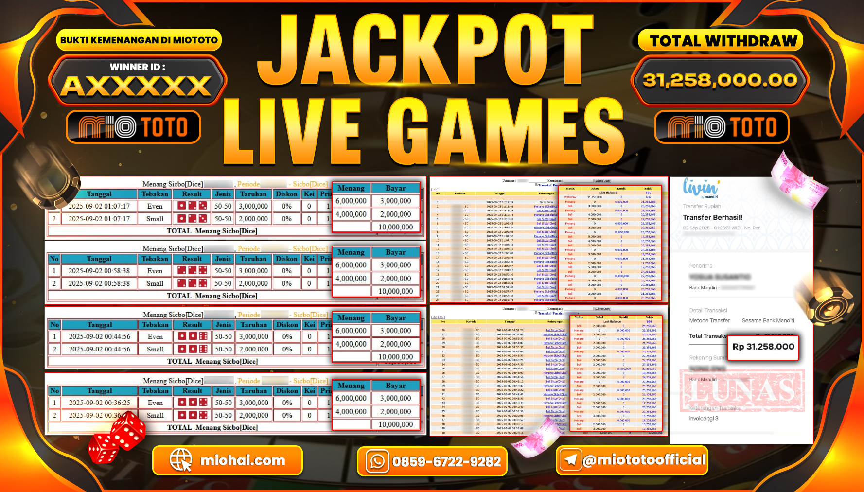 JACKPOT LIVE GAME SICBO DICE Rp.31,258,000 DI BAYAR TUNAI !!!