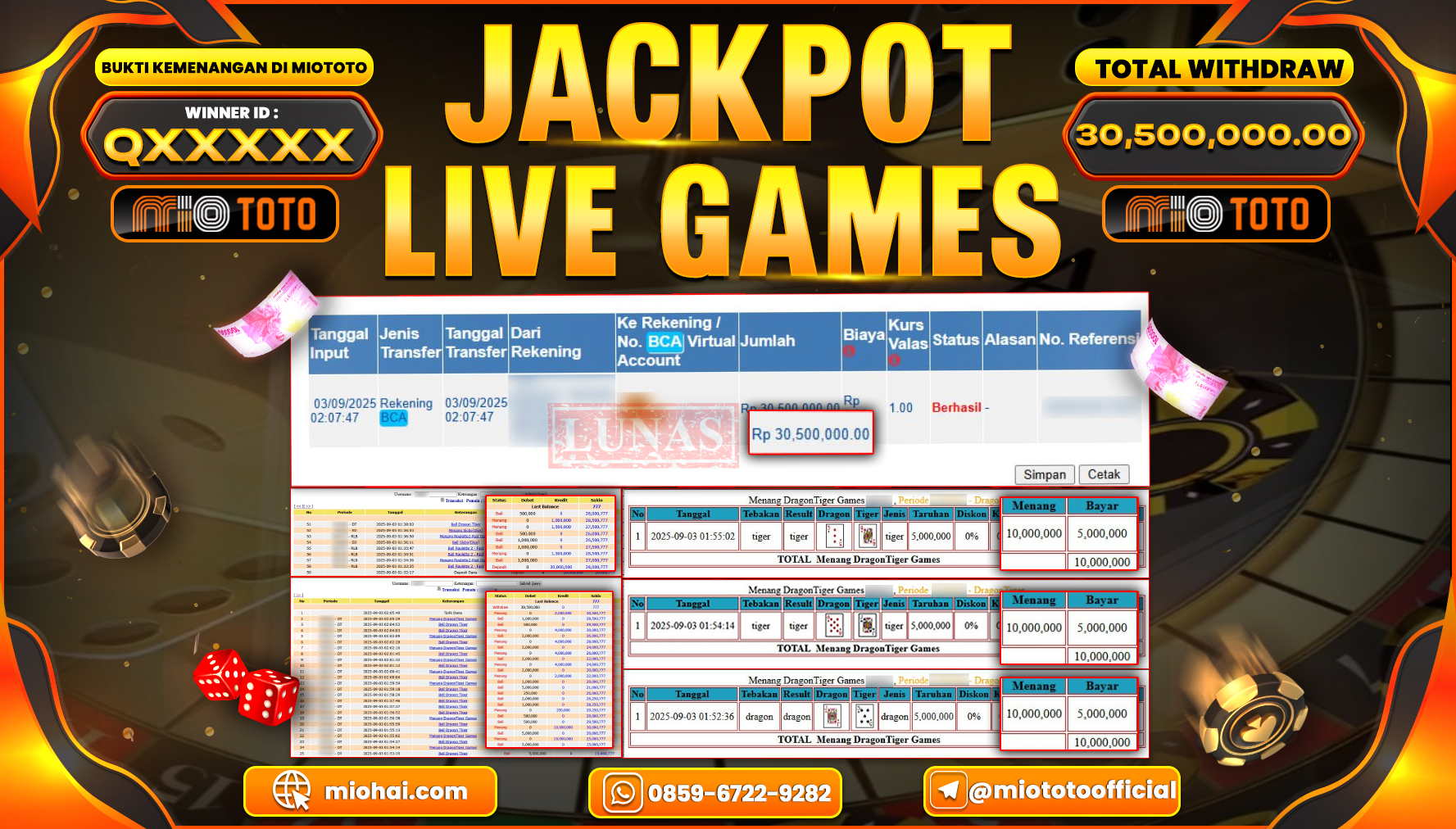 JACKPOT LIVE GAME DRAGON TIGER Rp.30,500,000 DI BAYAR TUNAI !!!
