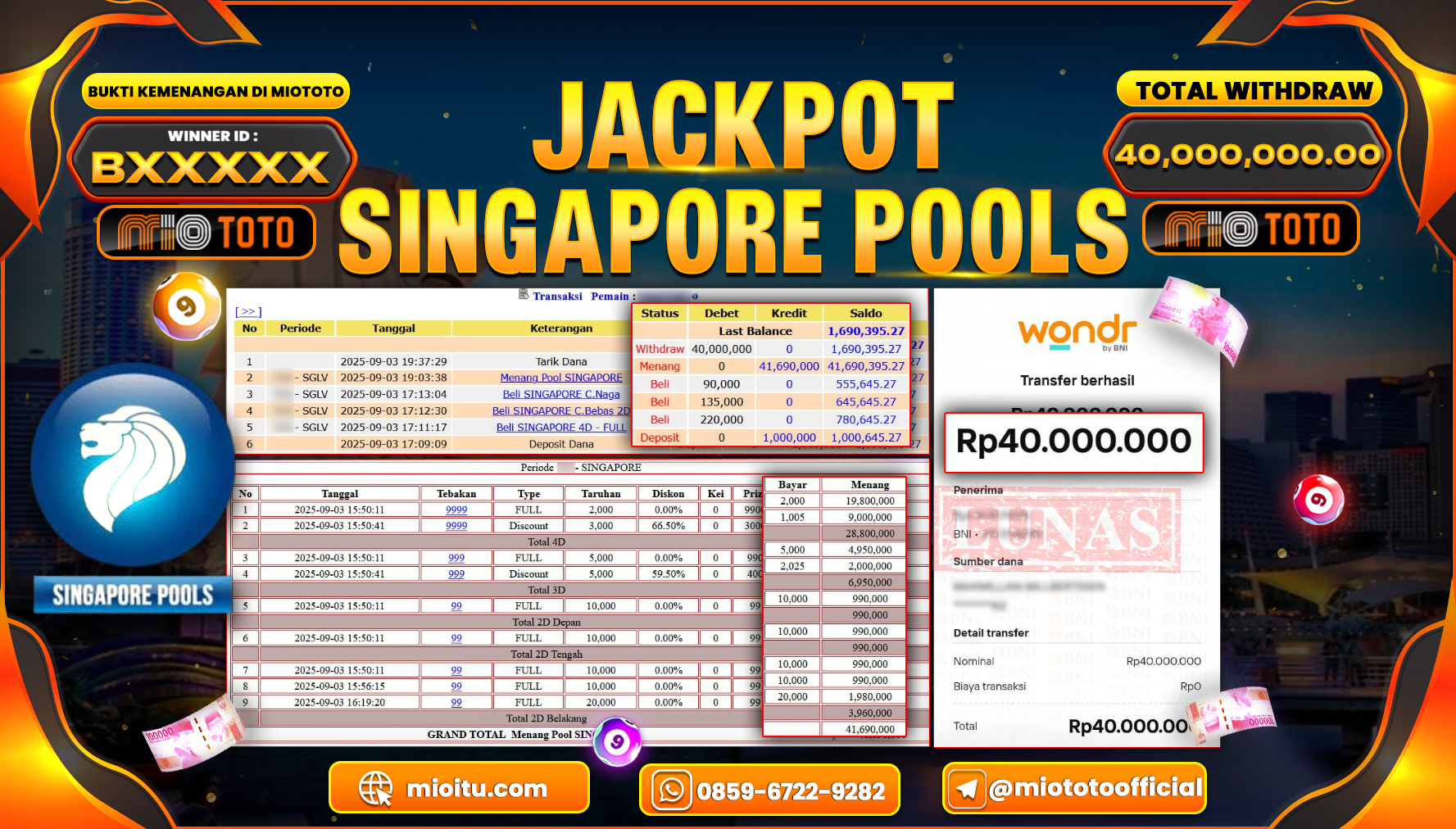 JACKPOT TOGEL SINGAPORE POOLS Rp.40,000,000 DI BAYAR TUNAI !!!