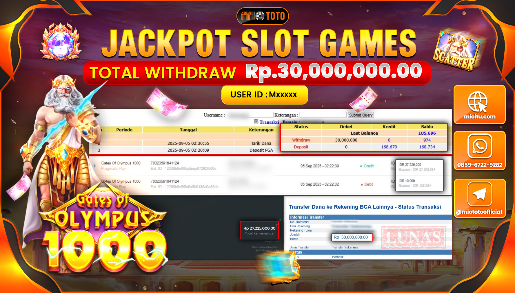 JACKPOT SLOT GATES OF OLYMPUS 1000 Rp.30,000,000 DI BAYAR TUNAI !!!