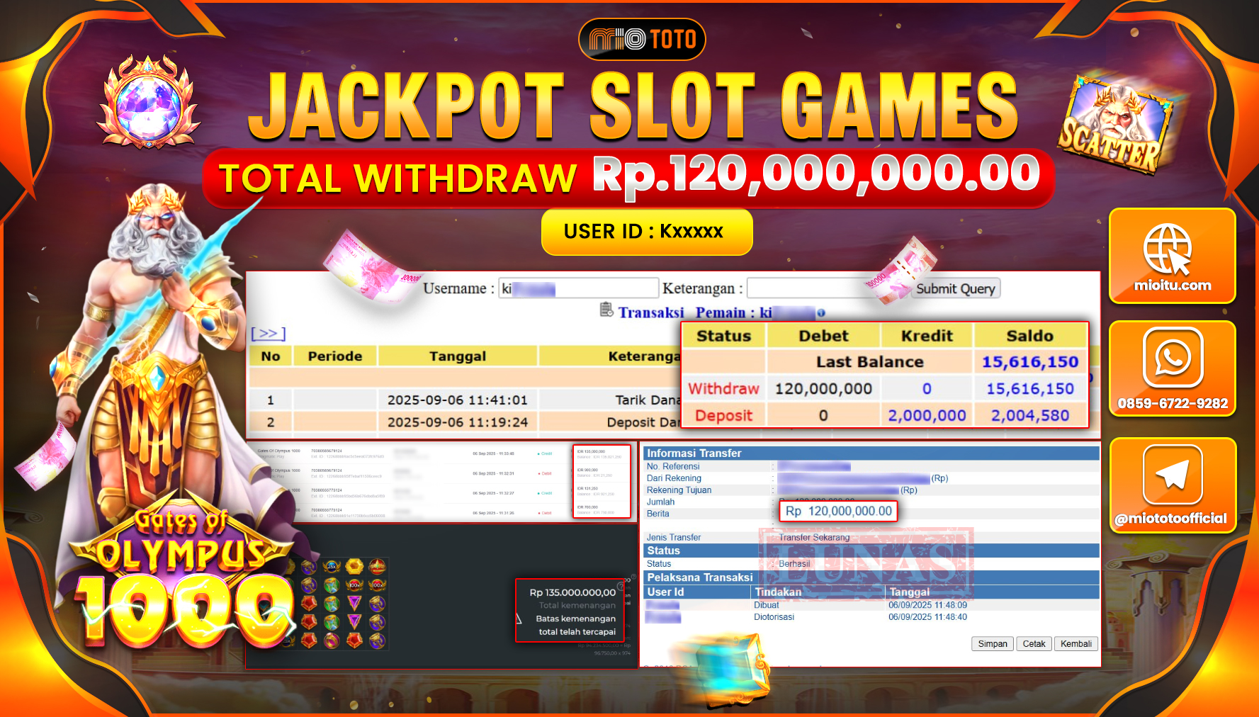 JACKPOT SLOT GATES OF OLYMPUS 1000 Rp.120,000,000 DI BAYAR TUNAI !!!