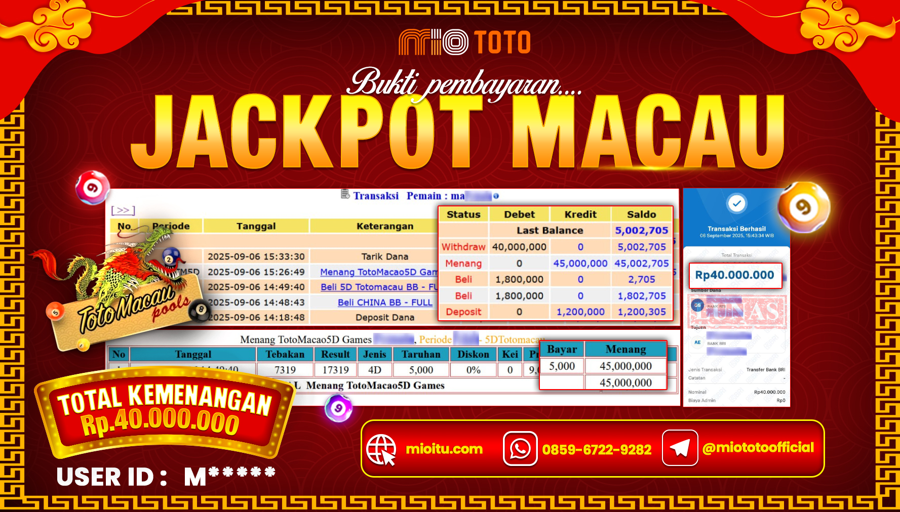 JACKPOT TOGEL TOTO MACAU 5D POOLS Rp.40,000,000 DI BAYAR TUNAI !!!