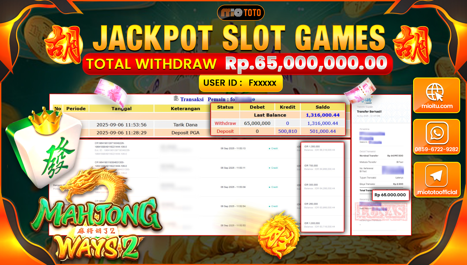 JACKPOT SLOT MAHJONG WAYS 2 Rp.65,000,000 DI BAYAR TUNAI !!!