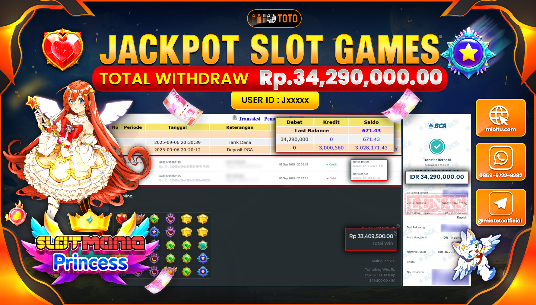 JACKPOT SLOT MANIA PRINCESS Rp.34,290,000 DI BAYAR TUNAI !!!