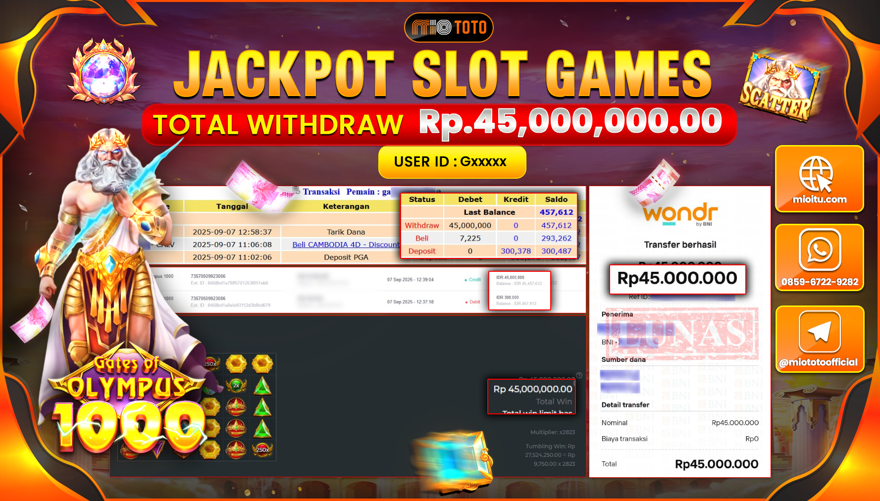 JACKPOT SLOT GATES OF OLYMPUS 1000 Rp.45,000,000 DI BAYAR TUNAI !!!