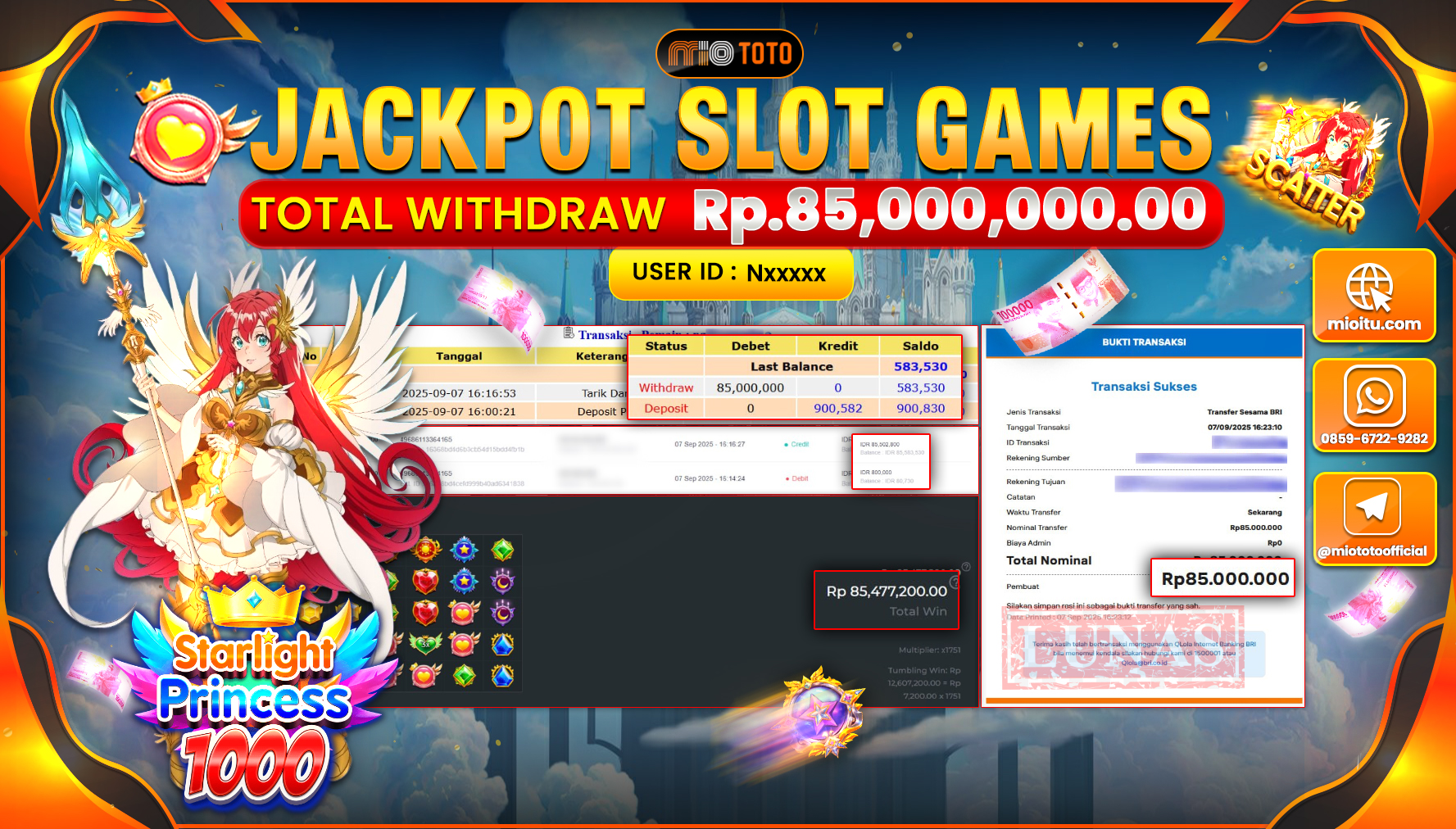 JACKPOT SLOT STARLIGHT PRINCESS 1000 Rp85,000,000 DI BAYAR TUNAI !!!