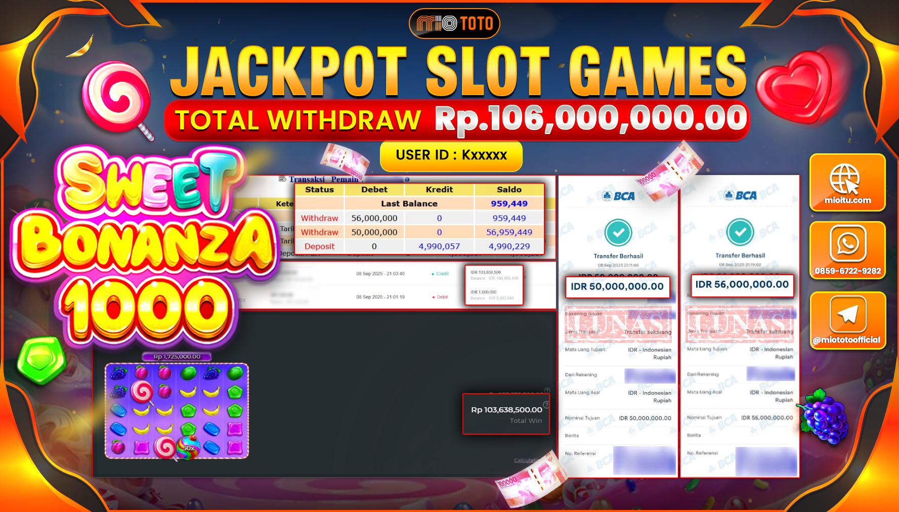 JACKPOT SLOT SWEET BONANZA 1000 Rp106,000,000 DI BAYAR TUNAI !!!