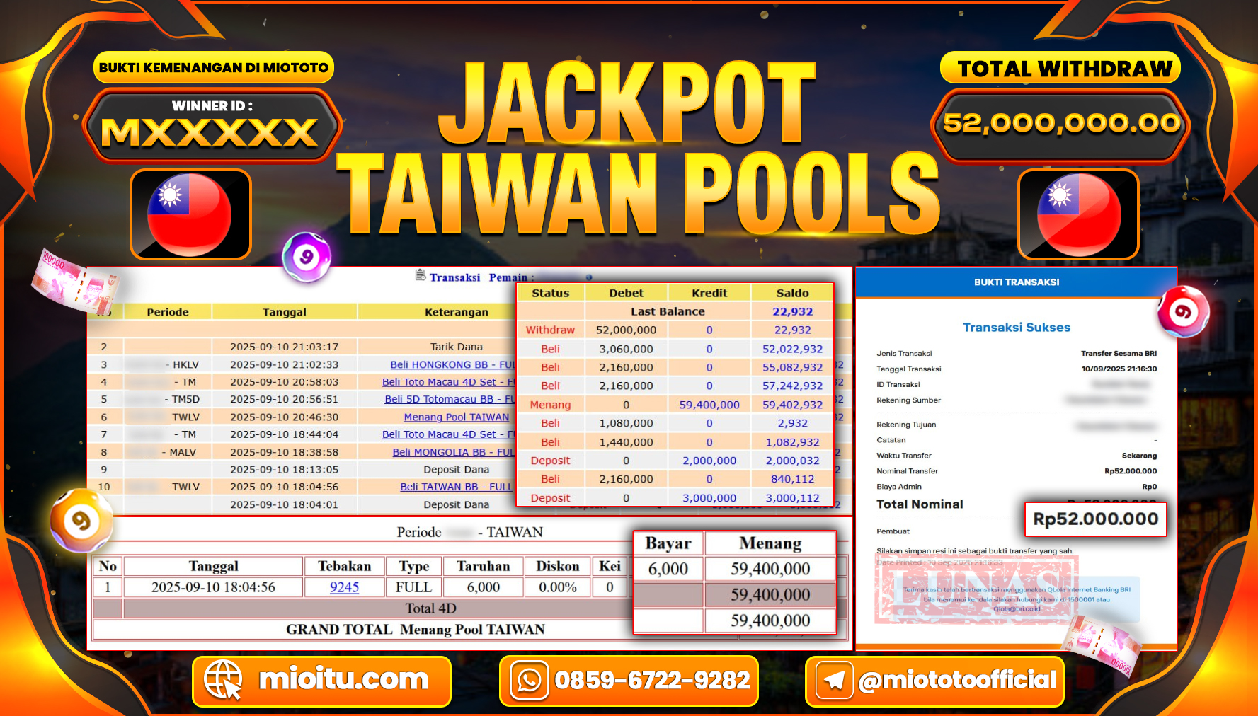 JACKPOT TOGEL TAIWAN POOLS Rp.52,000,000 DI BAYAR TUNAI !!!