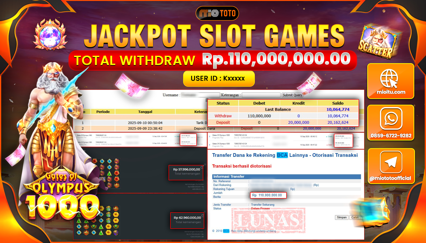 JACKPOT SLOT GATES OF OLYMPUS 1000 Rp.110,000,000 DI BAYAR TUNAI !!!