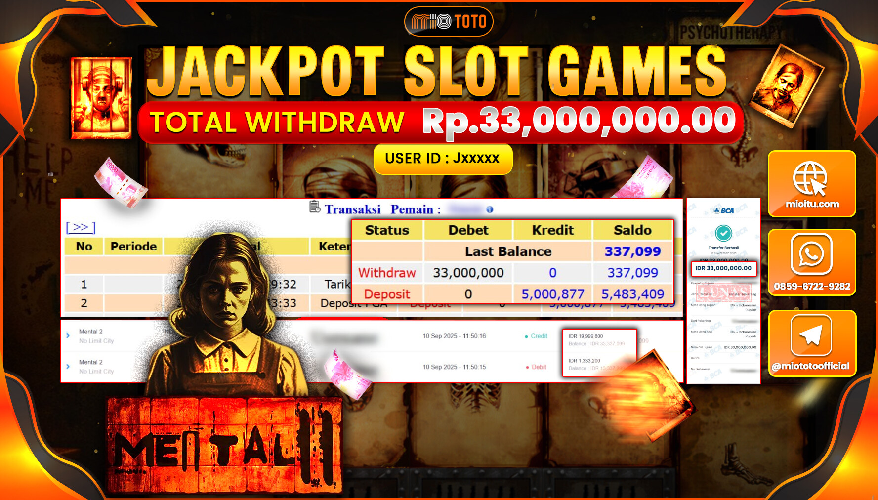 JACKPOT SLOT MENTAL 2  Rp.33,000,000 DI BAYAR TUNAI !!!