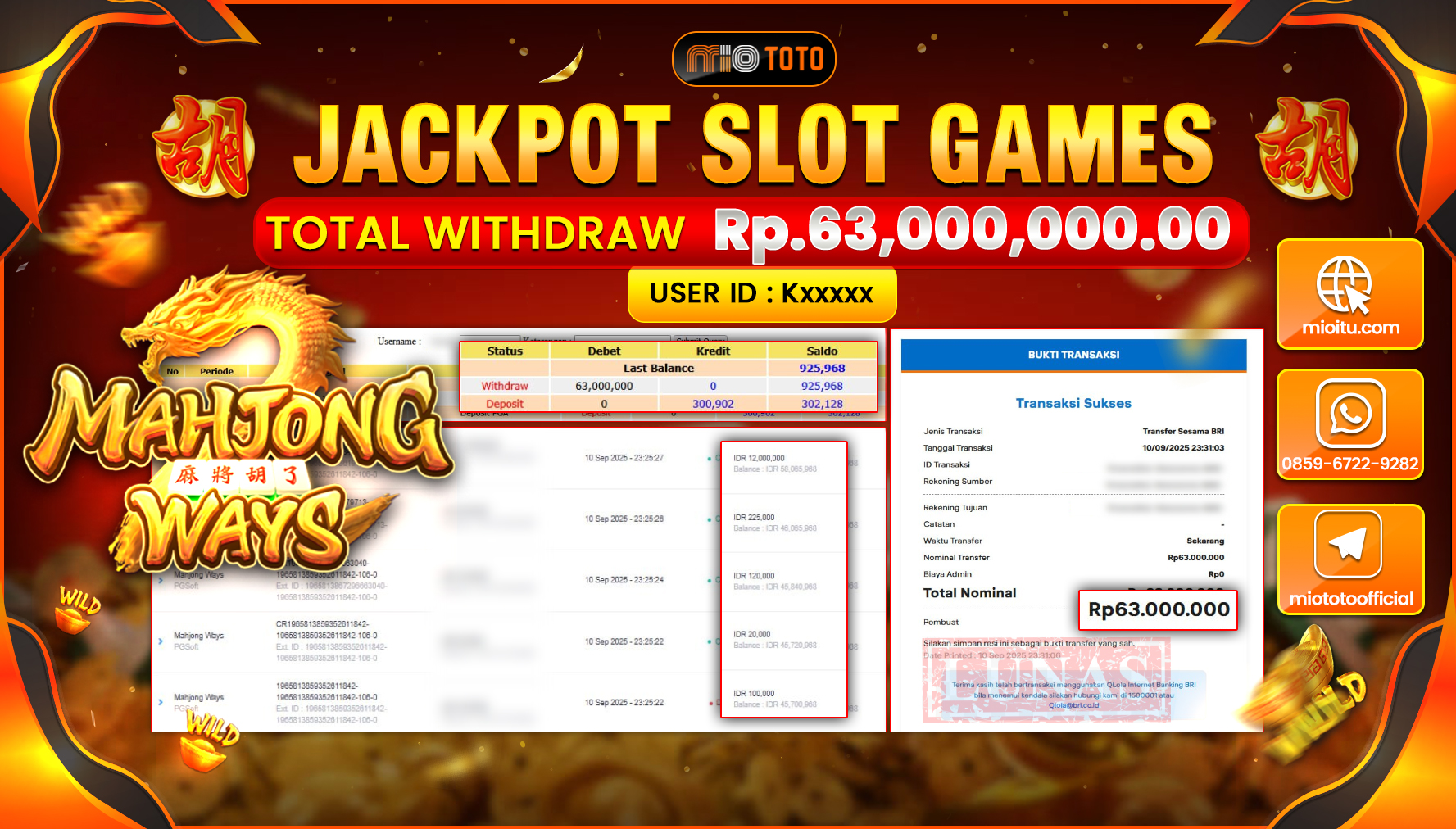 JACKPOT SLOT MAHJONG WAYS Rp.63,000,000 DI BAYAR TUNAI !!!