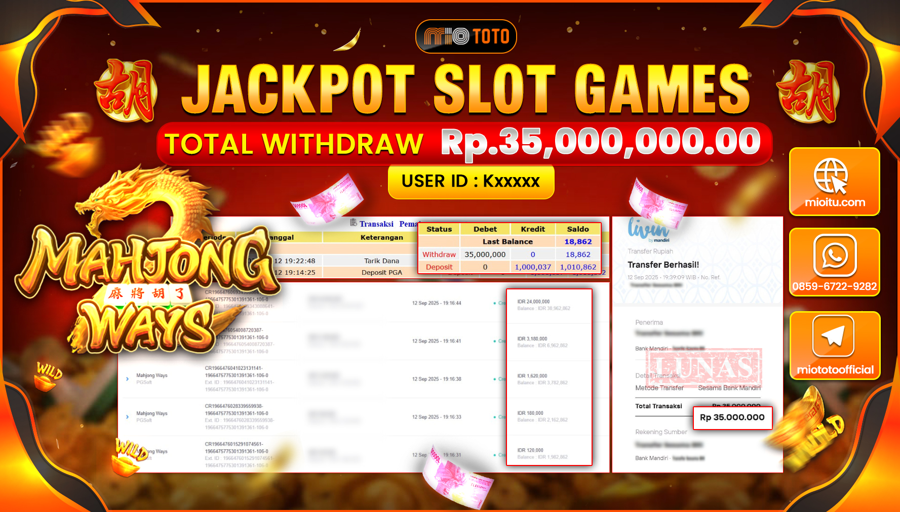 JACKPOT SLOT MAHJONG WAYS Rp.35,000,000 DI BAYAR TUNAI !!!