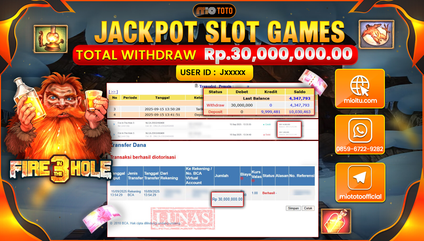 JACKPOT SLOT FIRE IN THE HOLE 3  Rp.30,000,000 DI BAYAR TUNAI !!!