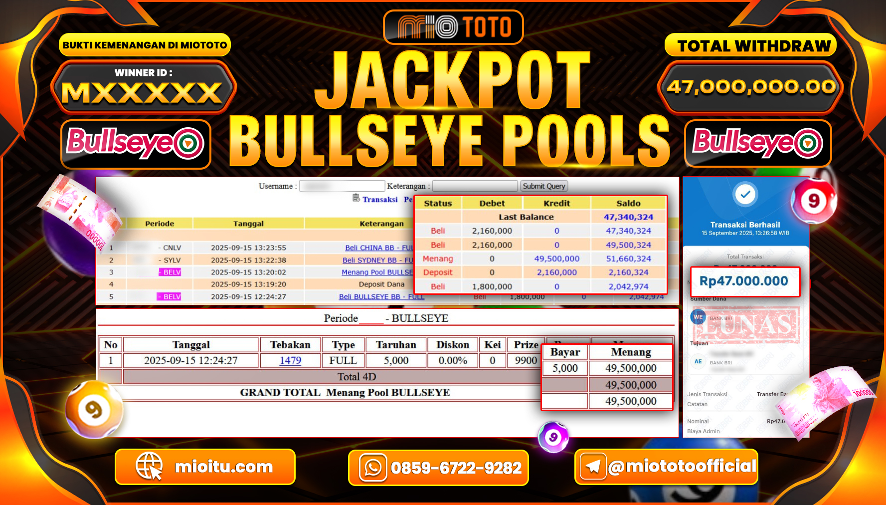JACKPOT TOGEL BULLSEYE POOLS Rp.47,000,000 DI BAYAR TUNAI !!!