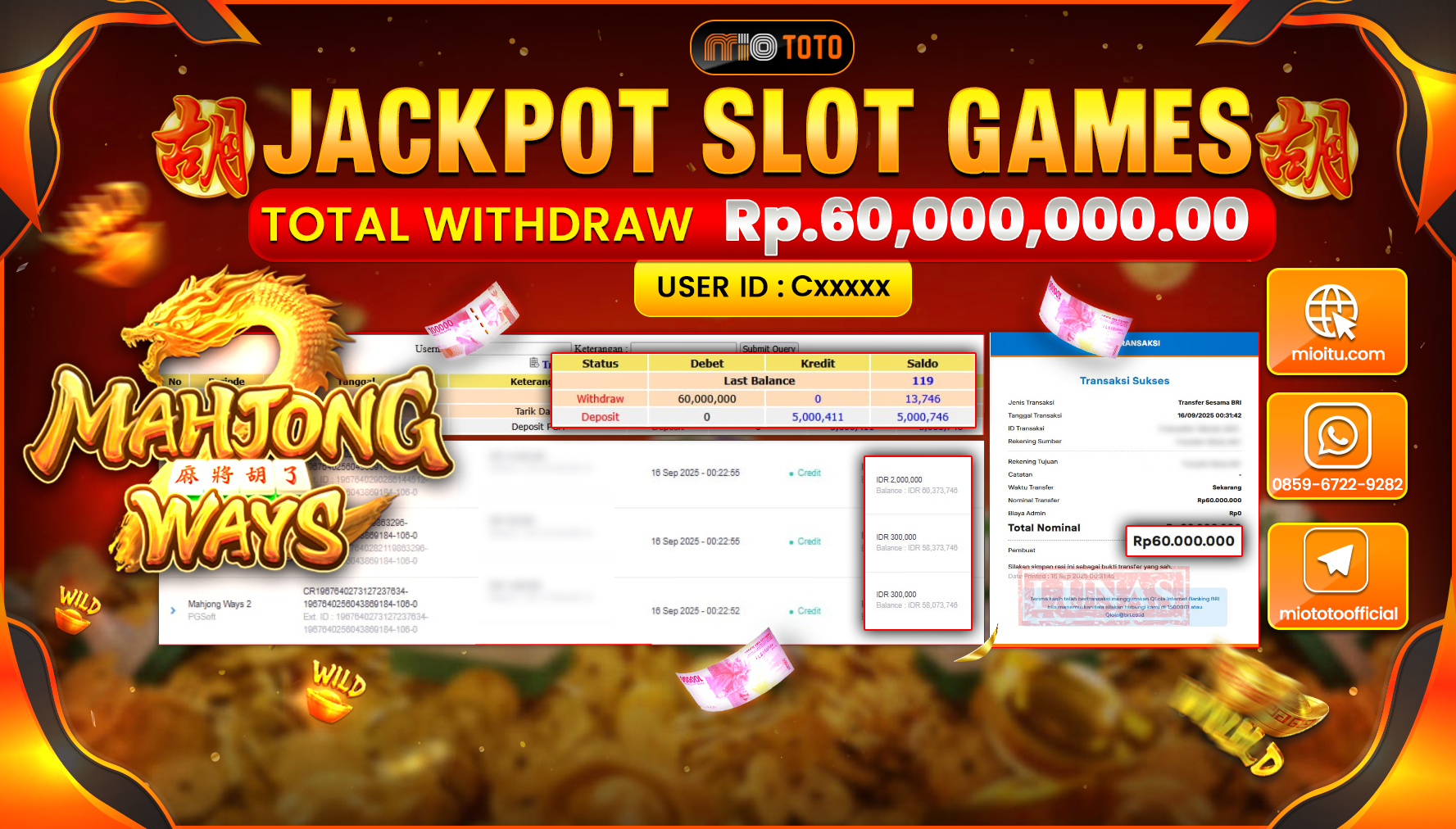 JACKPOT SLOT MAHJONG WAYS Rp.60,000,000 DI BAYAR TUNAI !!!