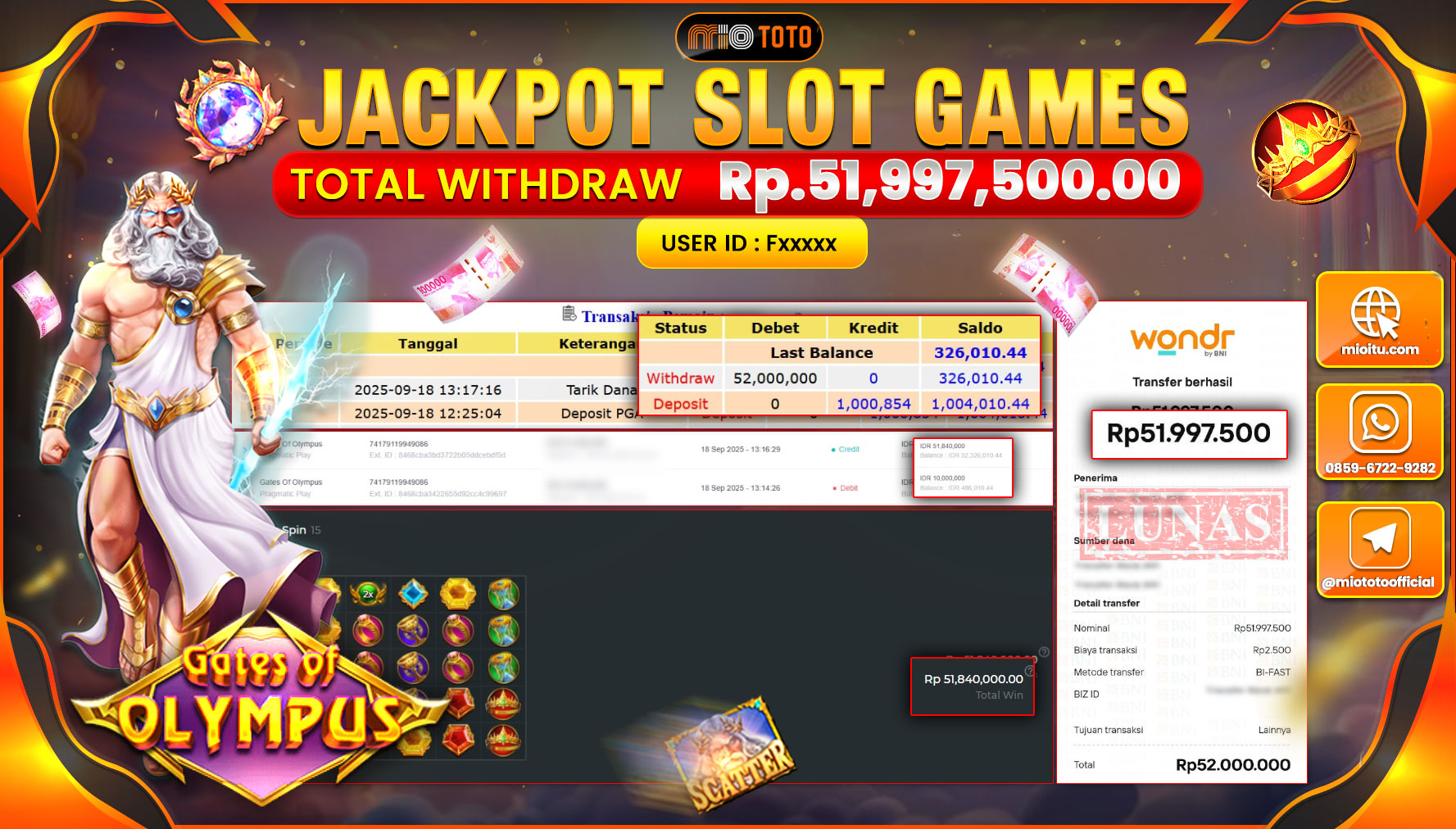 JACKPOT SLOT GATES OF OLYMPUS Rp.51,997,500 DI BAYAR TUNAI !!!