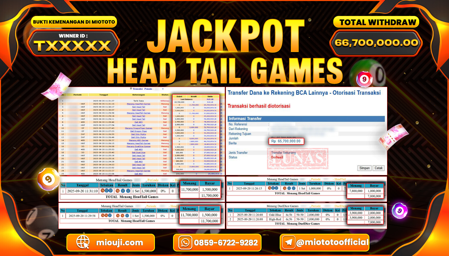 JACKPOT LIVE GAME HEAD TAIL Rp.66,700,000 DI BAYAR TUNAI !!!