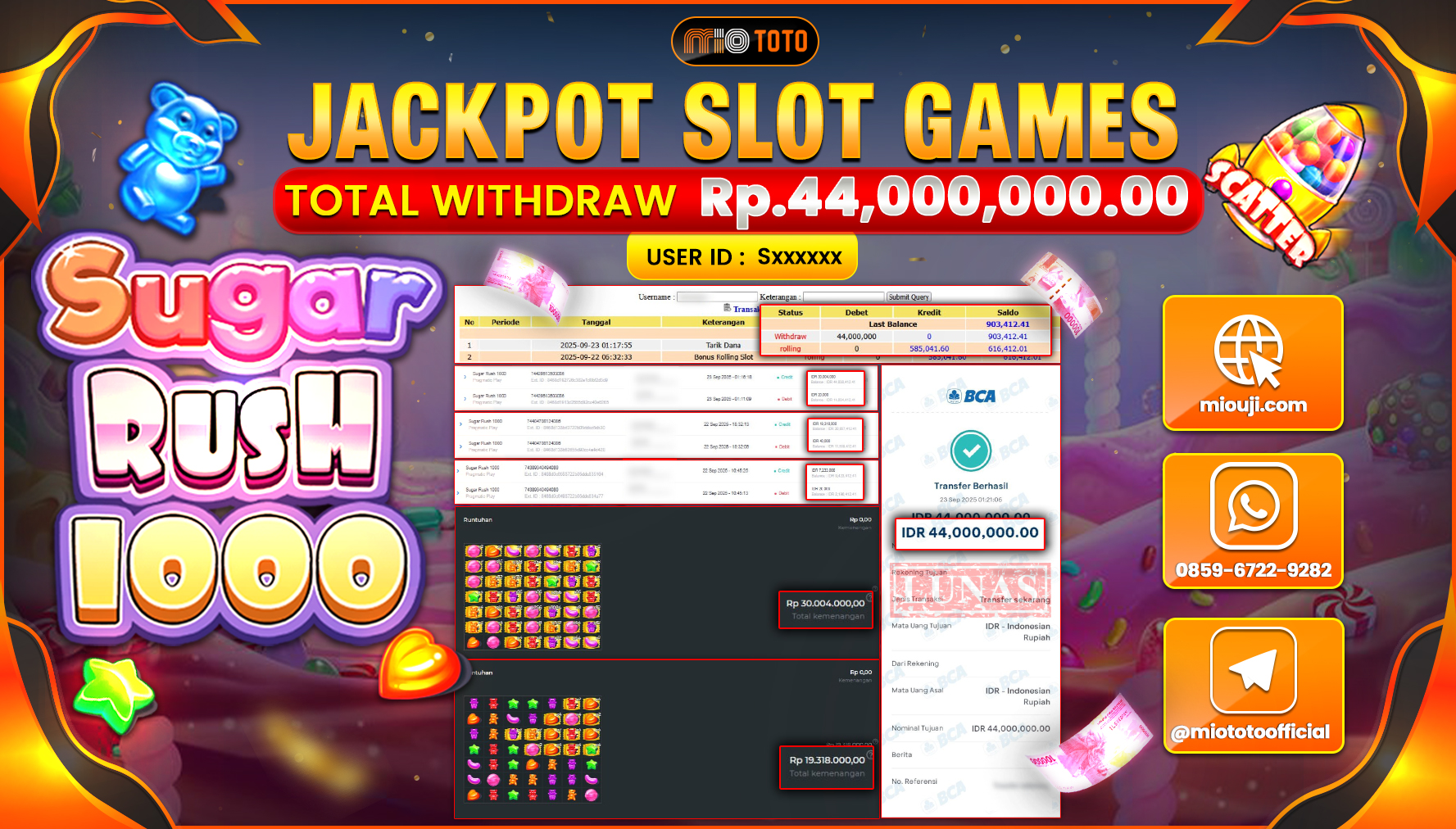 JACKPOT SLOT SUGAR RUSH 1000 Rp.44,000,000 DI BAYAR TUNAI !!!