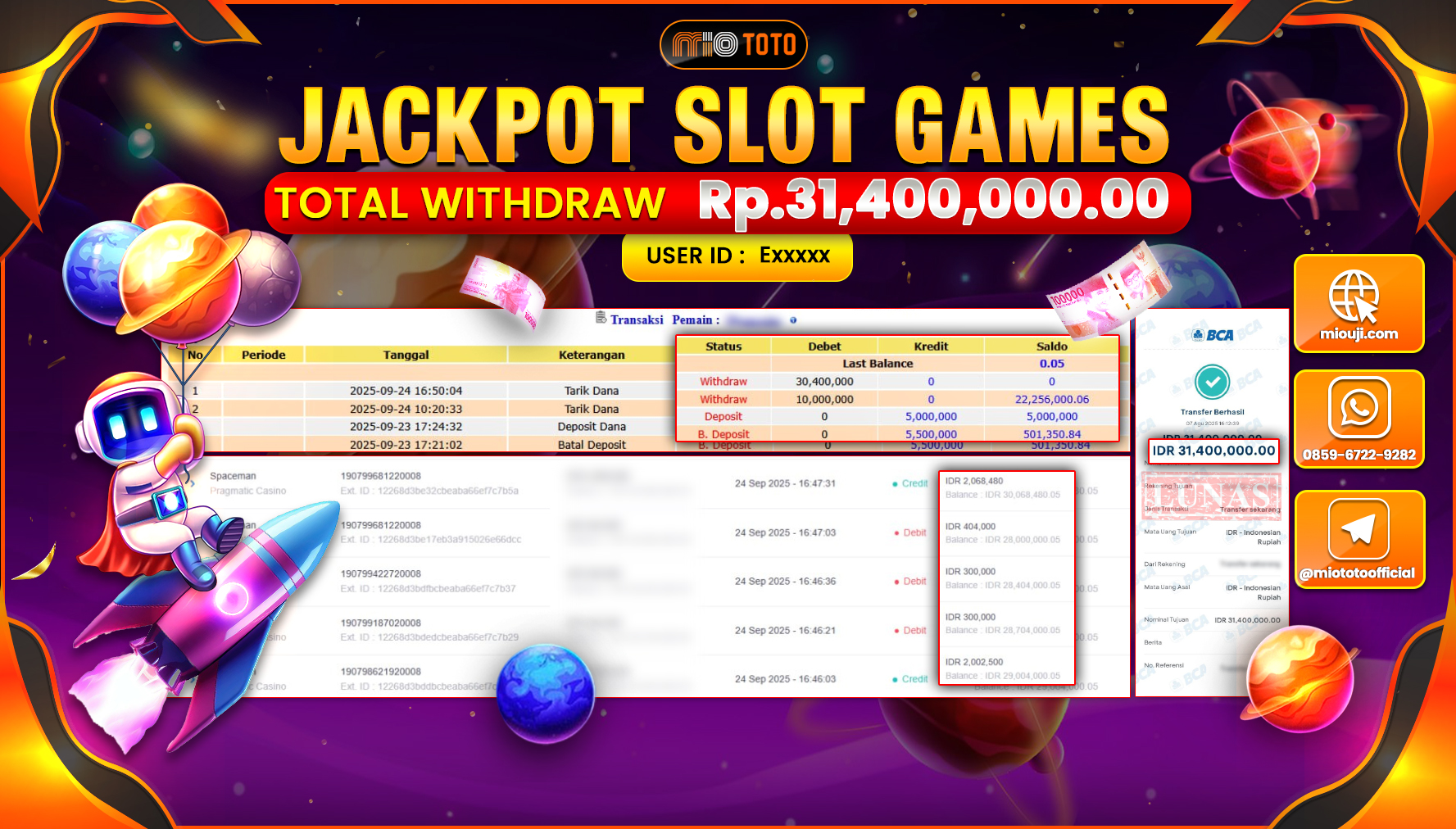 JACKPOT SLOT SPACEMAN  Rp.31,400,000 DI BAYAR TUNAI !!!