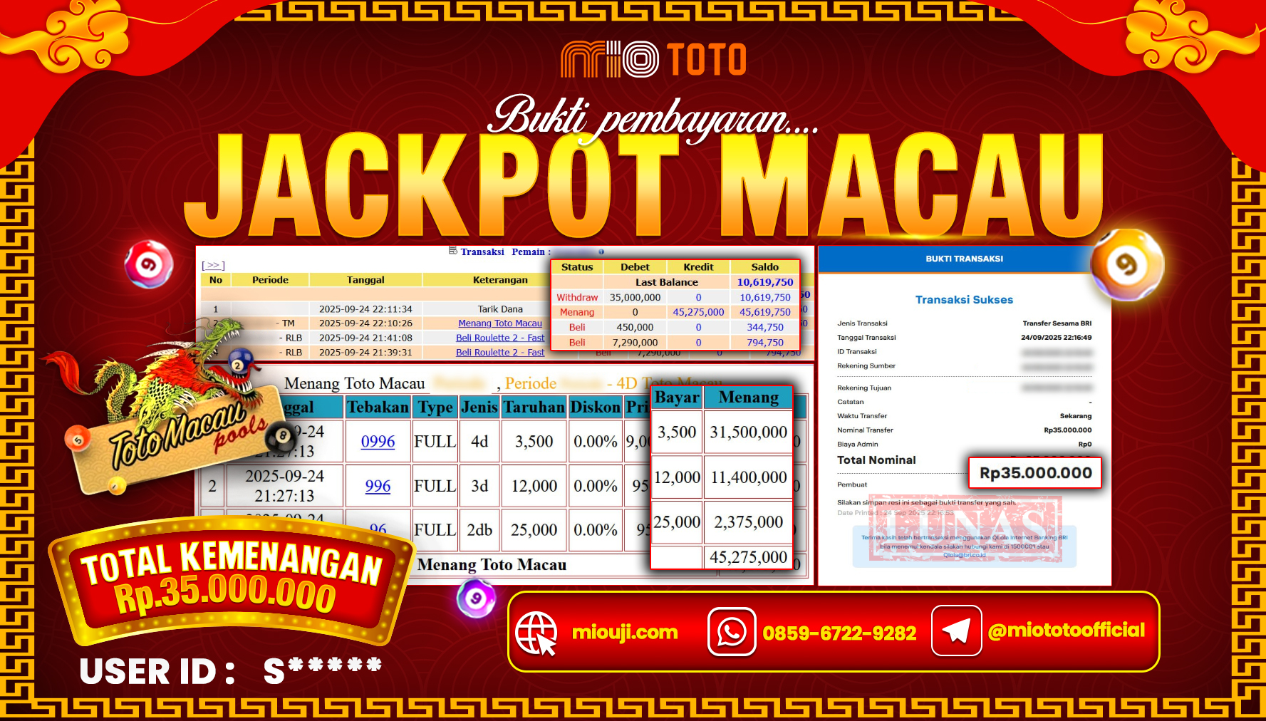 JACKPOT TOGEL TOTO MACAU 4D POOLS Rp.35,000,000 DI BAYAR TUNAI !!!