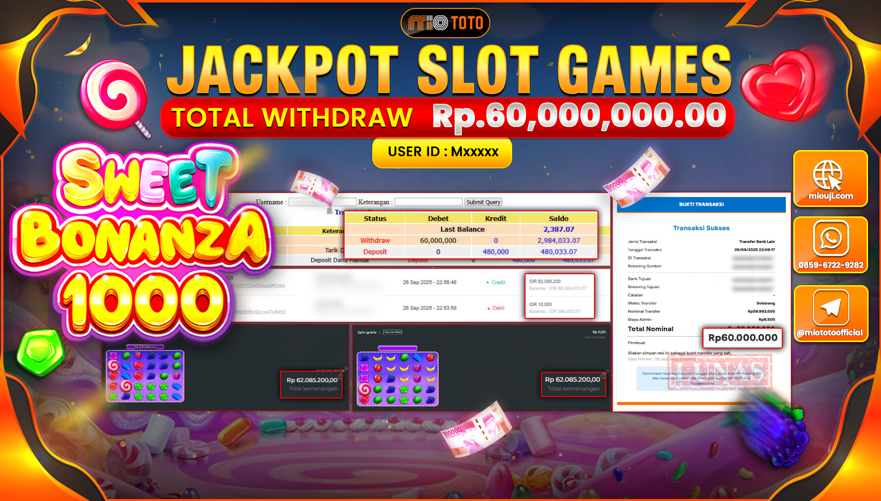 JACKPOT SLOT SWEET BONANZA 1000 Rp60,000,000 DI BAYAR TUNAI !!!
