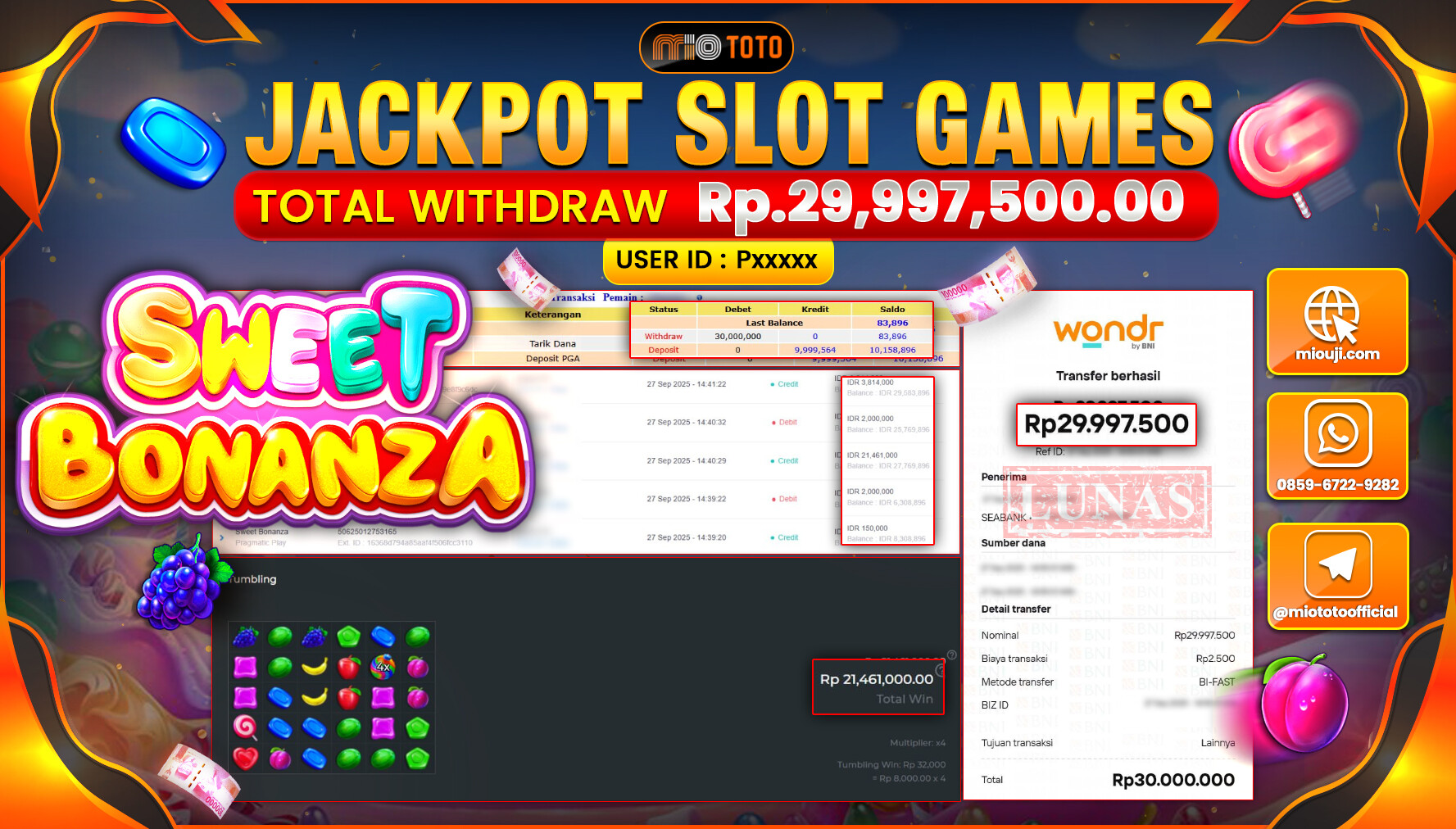 JACKPOT SLOT SWEET BONANZA Rp29,997,500 DI BAYAR TUNAI !!!