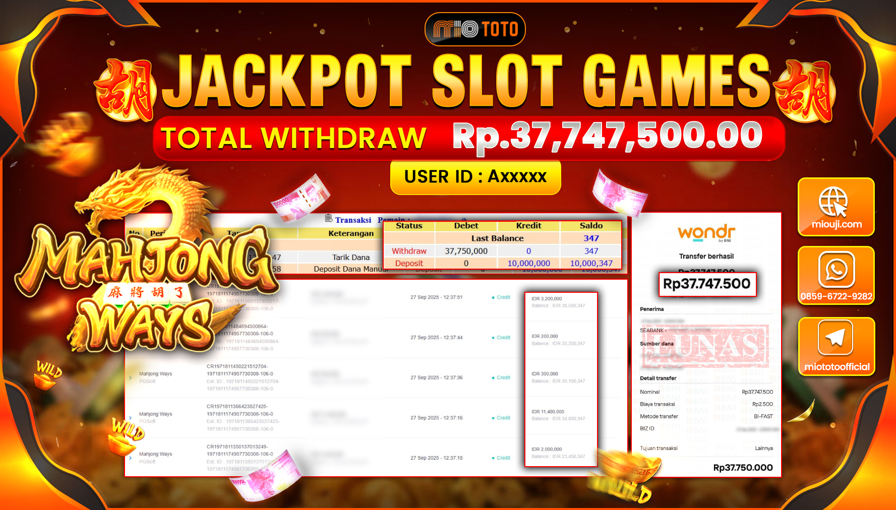 JACKPOT SLOT MAHJONG WAYS Rp.37,747,500 DI BAYAR TUNAI !!!