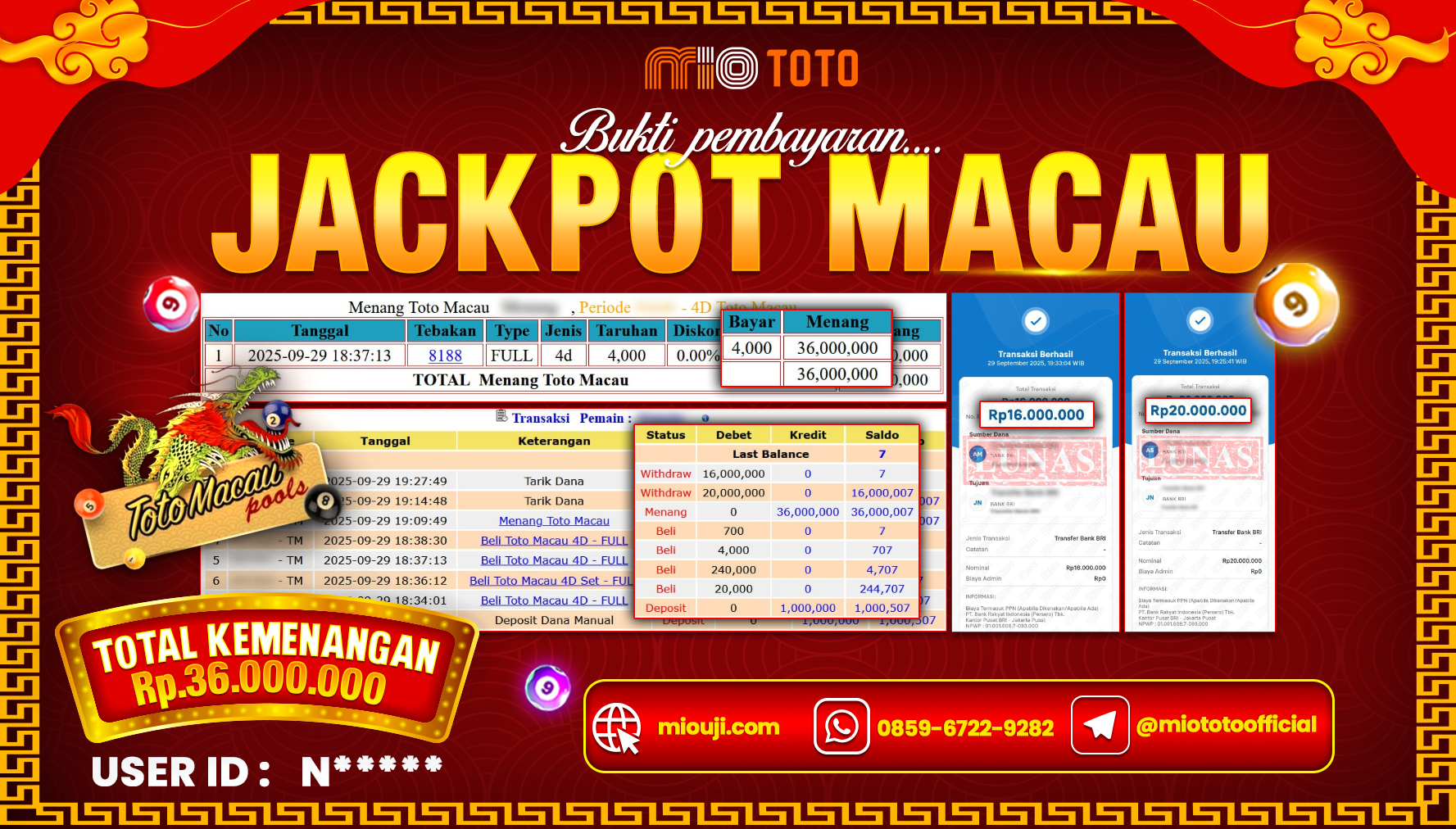 JACKPOT TOGEL TOTO MACAU 4D POOLS Rp.36,000,000 DI BAYAR TUNAI !!!