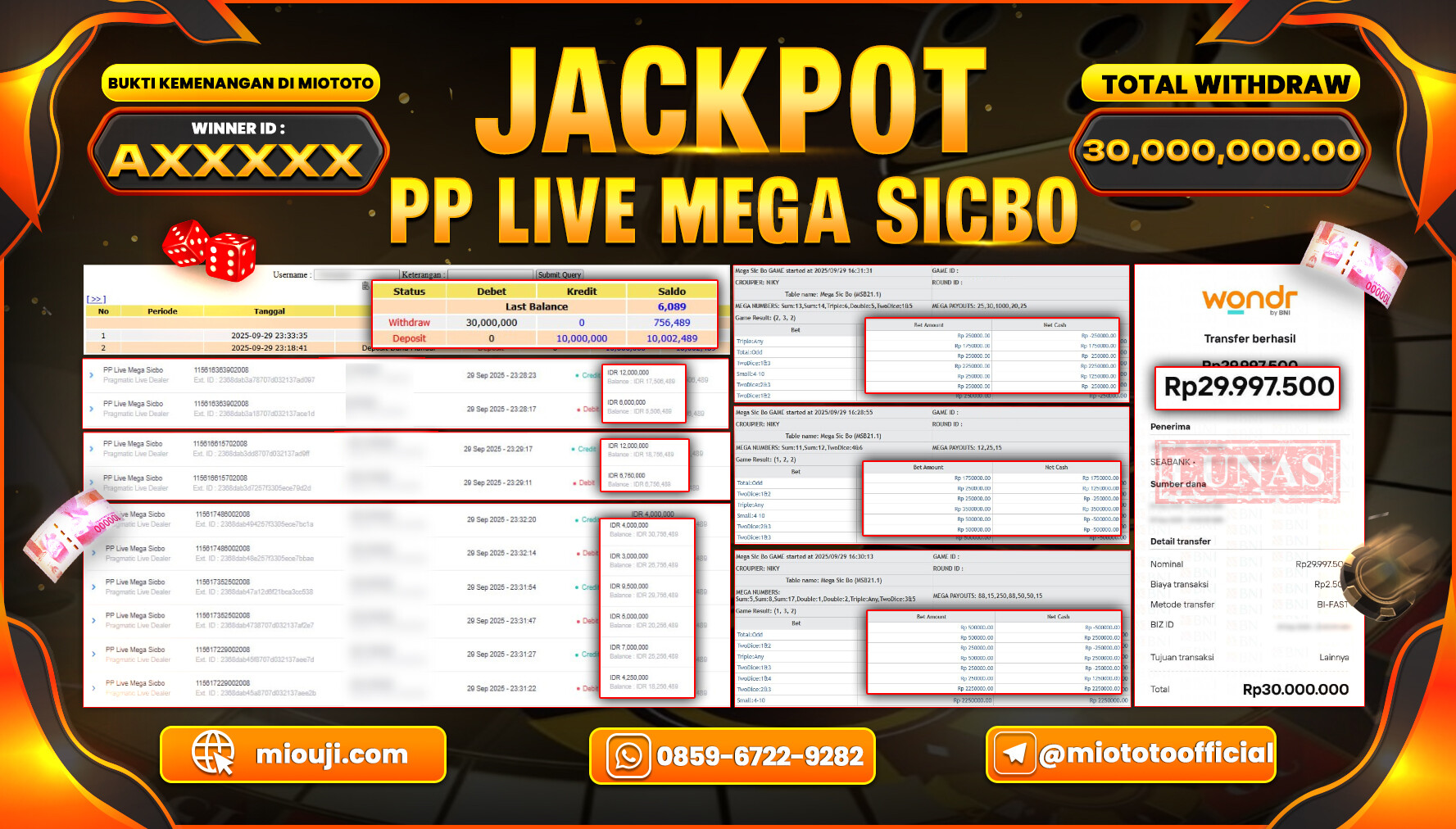 JACKPOT LIVE GAME MEGA SICBO Rp.30,000,000 DI BAYAR TUNAI !!!