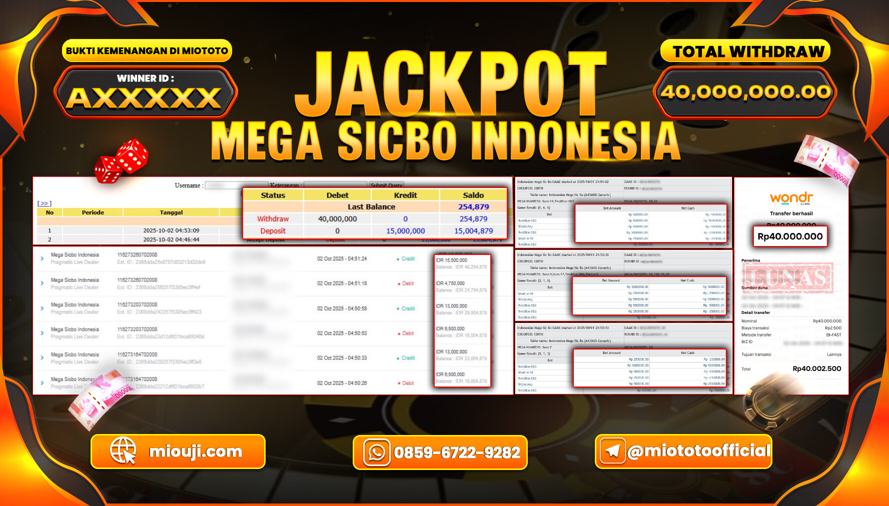 JACKPOT LIVE GAME MEGA SICBO INDONESIA Rp.40,000,000 DI BAYAR TUNAI !!!