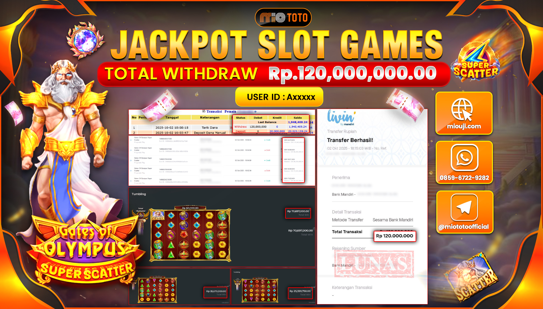 JACKPOT SLOT GATES OF OLYMPUS SUPER SCATTER Rp.120,000,000 DI BAYAR TUNAI !!!