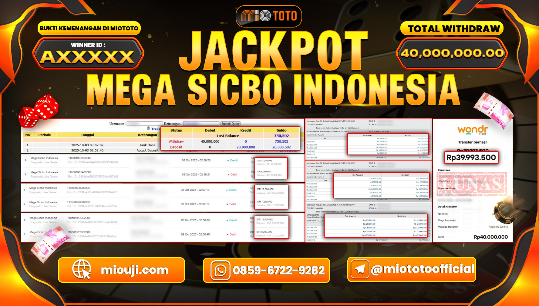 JACKPOT LIVE GAME MEGA SICBO INDONESIA Rp.40,000,000 DI BAYAR TUNAI !!!