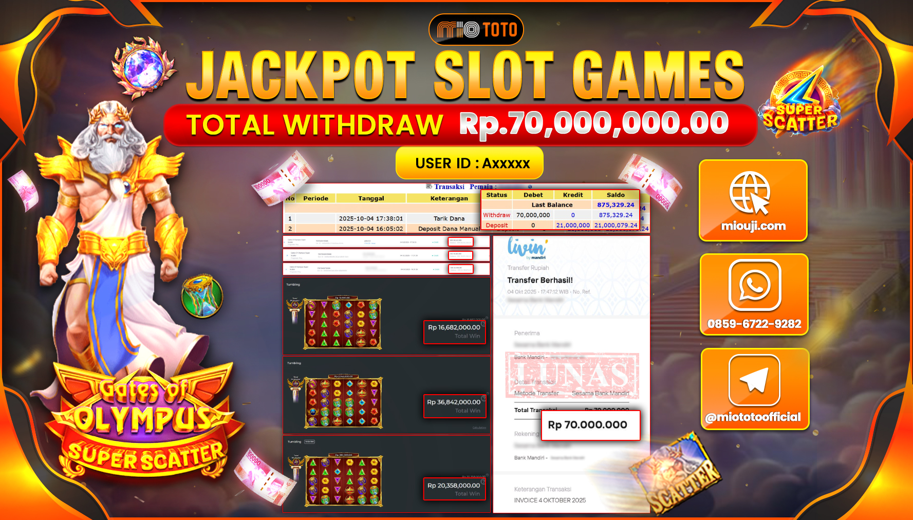 JACKPOT SLOT GATES OF OLYMPUS SUPER SCATTER Rp.70,000,000 DI BAYAR TUNAI !!!