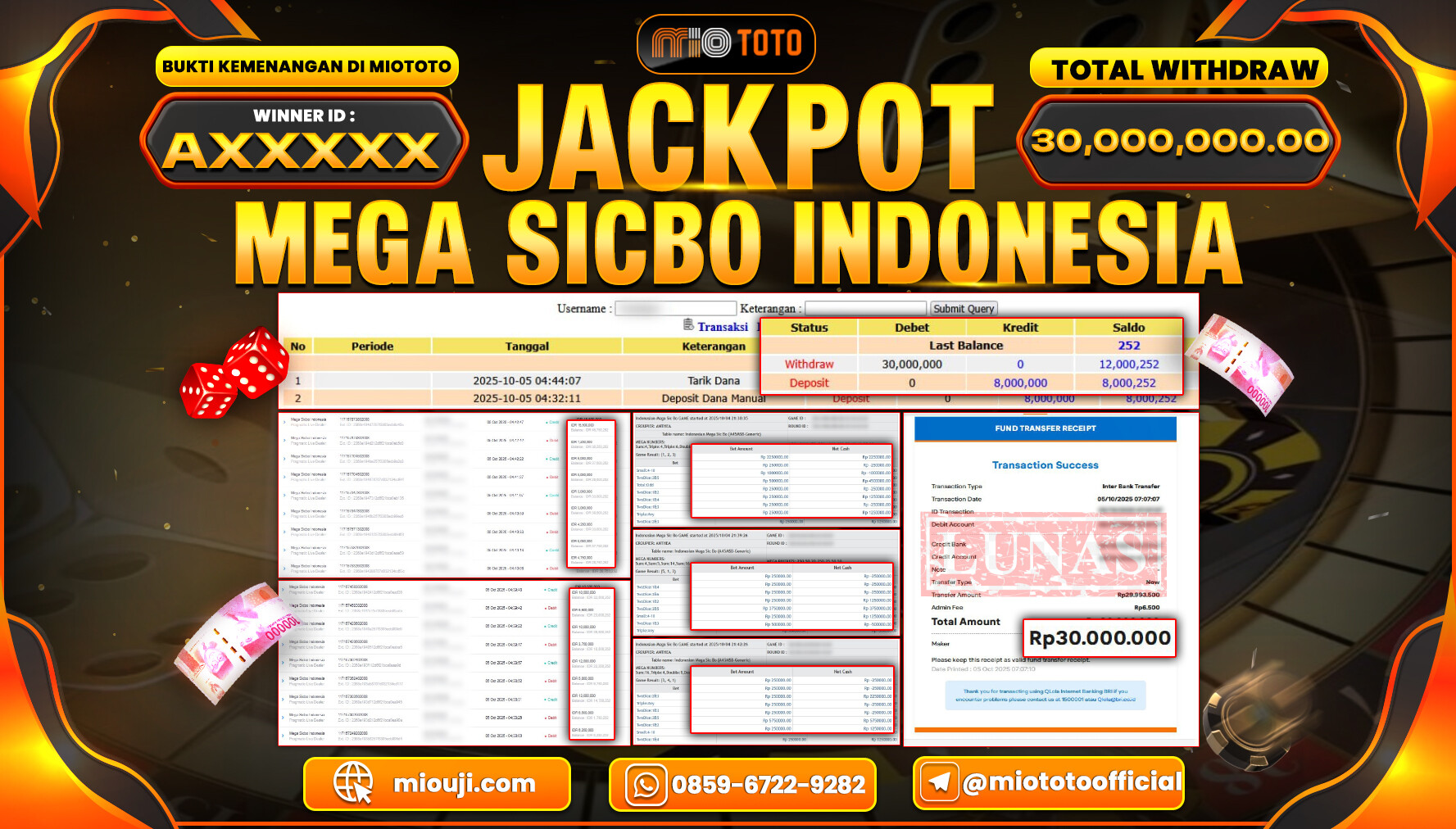 JACKPOT LIVE GAME MEGA SICBO INDONESIA Rp.30,000,000 DI BAYAR TUNAI !!!