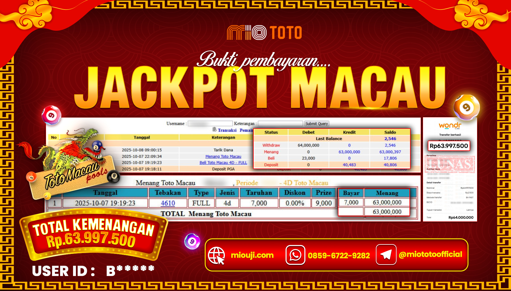 JACKPOT TOGEL TOTO MACAU 4D POOLS Rp.63,997,500 DI BAYAR TUNAI !!!