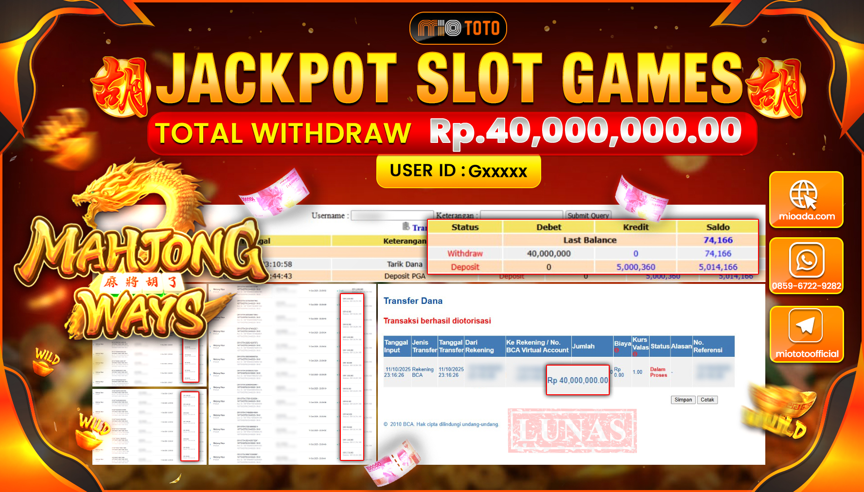 JACKPOT SLOT MAHJONG WAYS Rp40,000,000 DI BAYAR TUNAI !!!