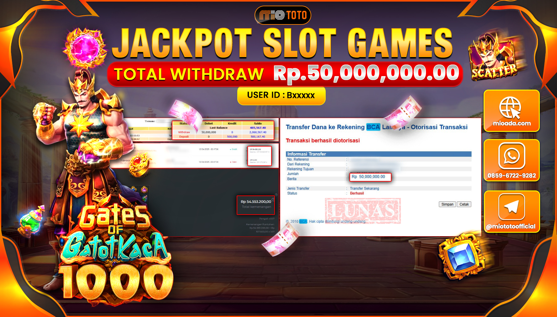 JACKPOT SLOT GATOT KACA 1000 Rp.50,000,000 DI BAYAR TUNAI !!!
