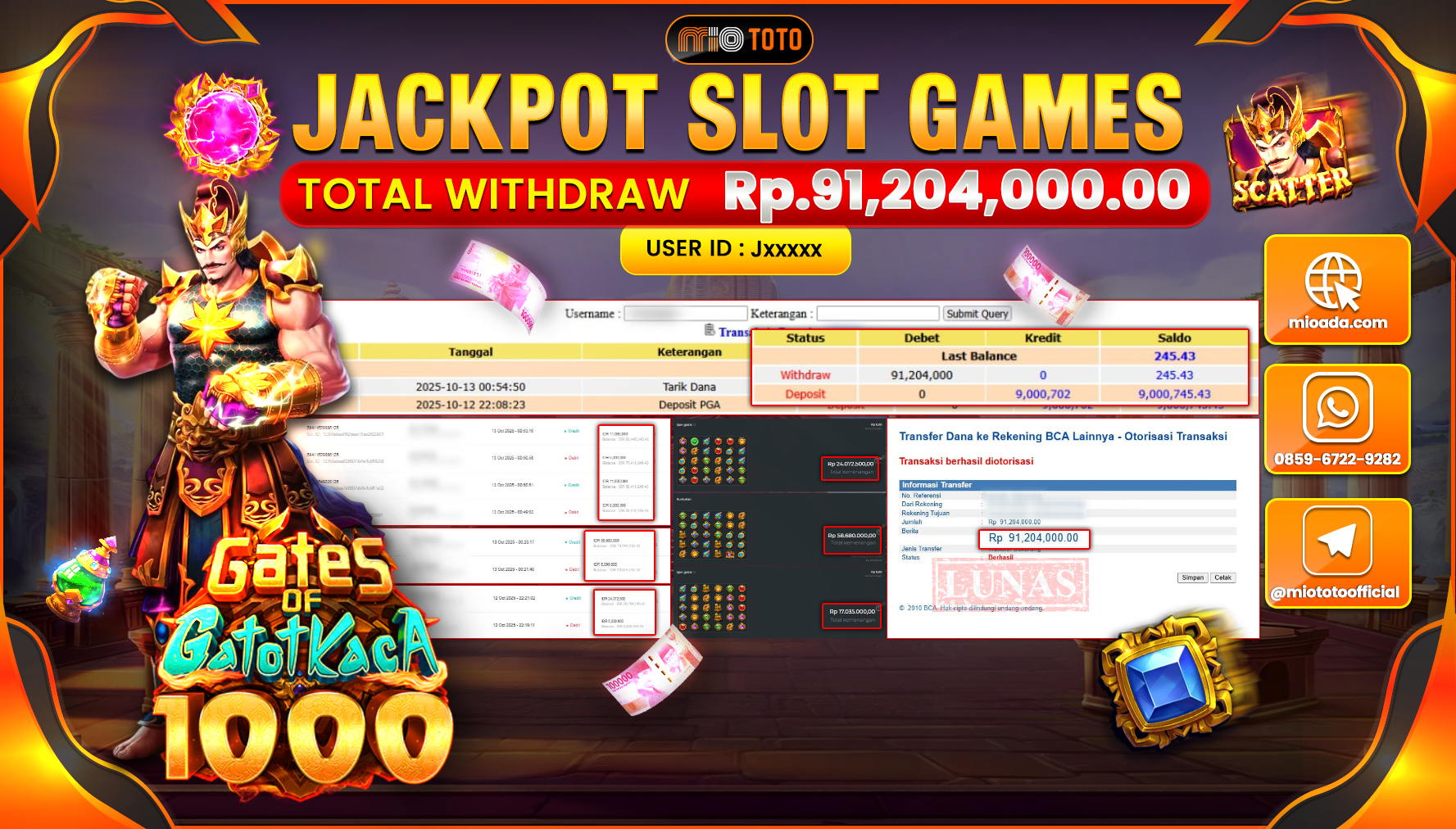 JACKPOT SLOT GATES OF GATOTKACA 1000 Rp.91,204,000 DI BAYAR TUNAI !!!