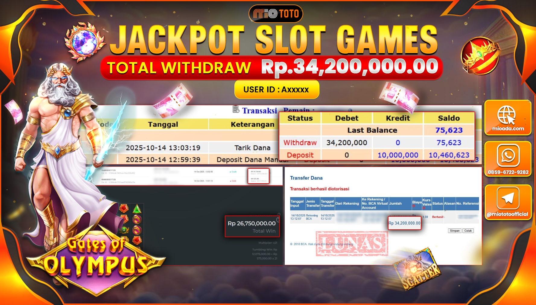 JACKPOT SLOT GATES OF OLYMPUS Rp.34,200,000 DI BAYAR TUNAI !!!