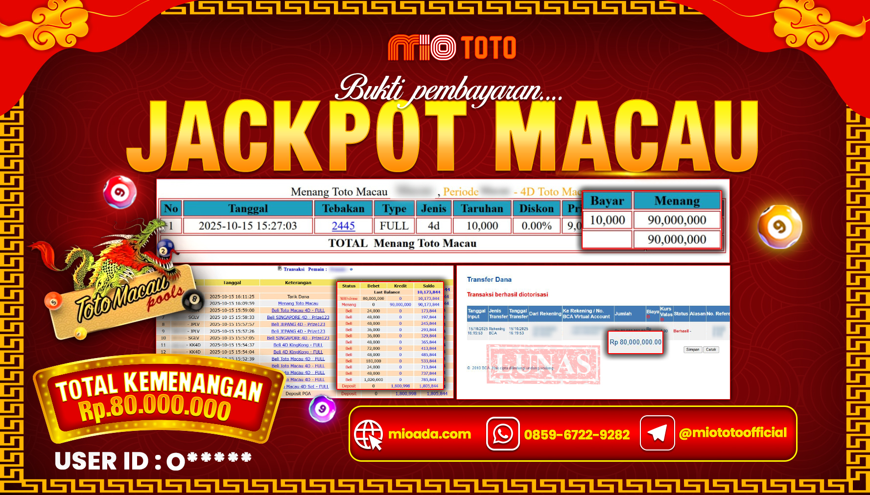 JACKPOT TOGEL TOTO MACAU 4D POOLS Rp.80,000,000 DI BAYAR TUNAI !!!