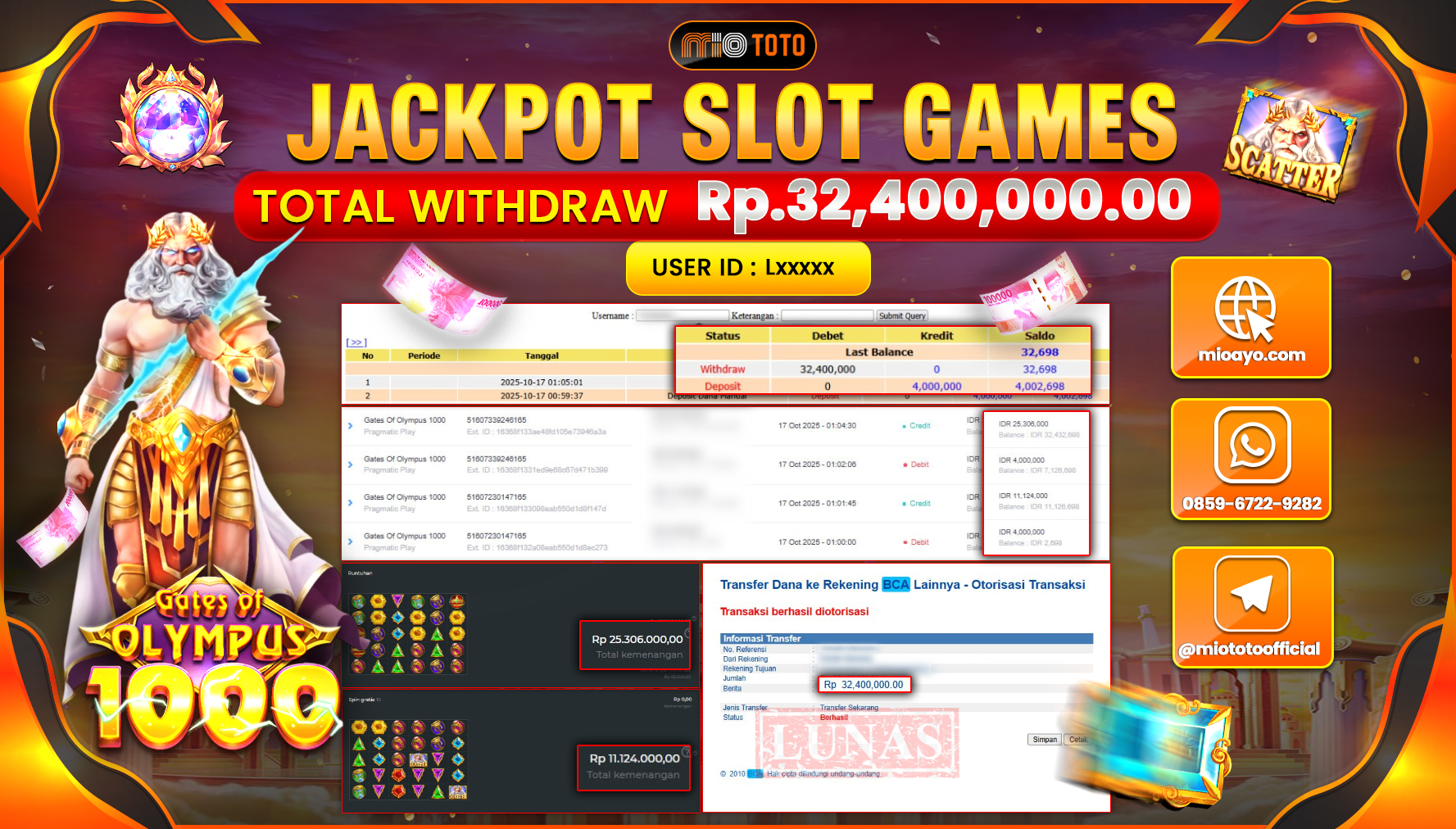 JACKPOT SLOT GATES OF OLYMPUS 1000 Rp.32,400,000 DI BAYAR TUNAI !!!