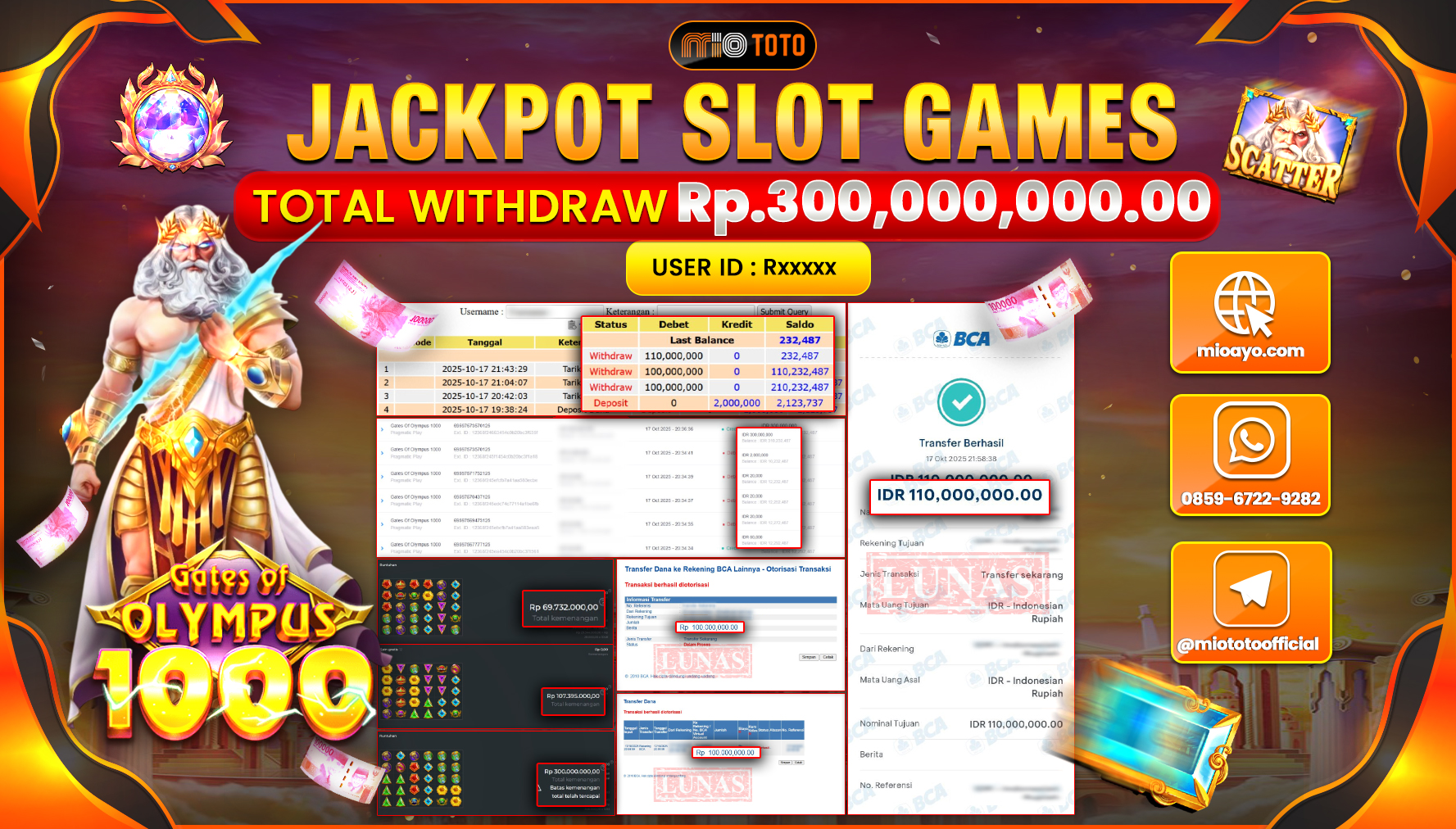 JACKPOT SLOT GATES OF OLYMPUS 1000 Rp.300,000,000 DI BAYAR TUNAI !!!