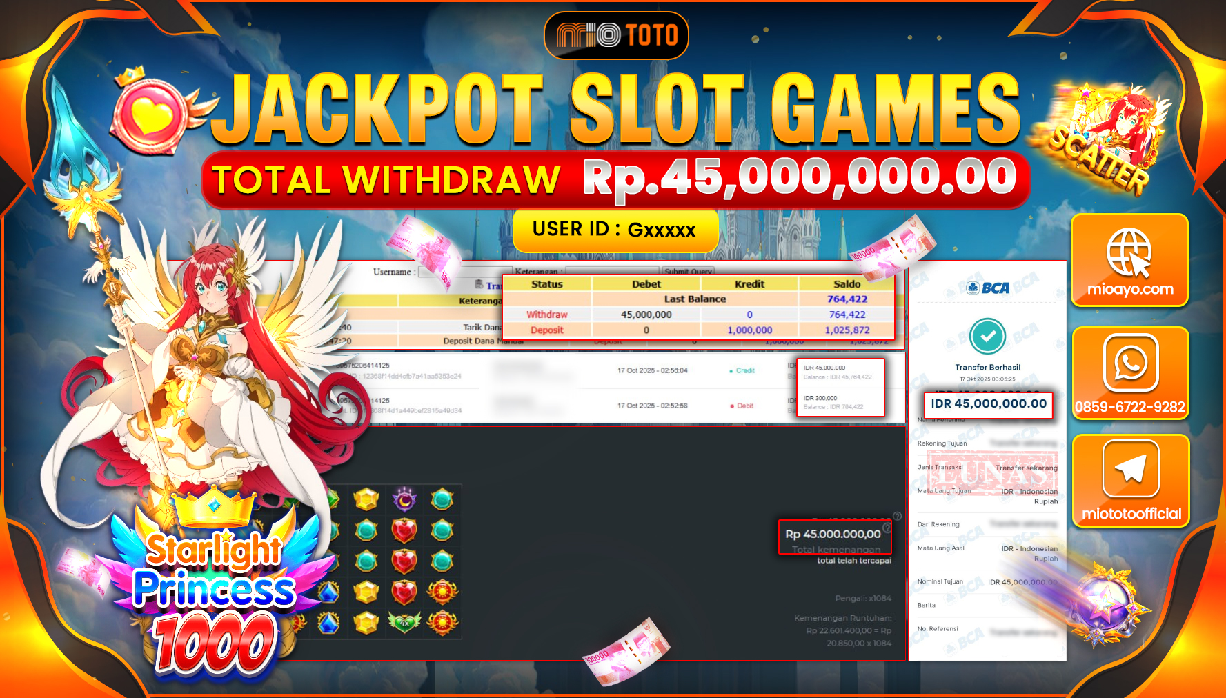 JACKPOT SLOT STARLIGHT PRINCESS 1000 Rp45,000,000 DI BAYAR TUNAI !!!