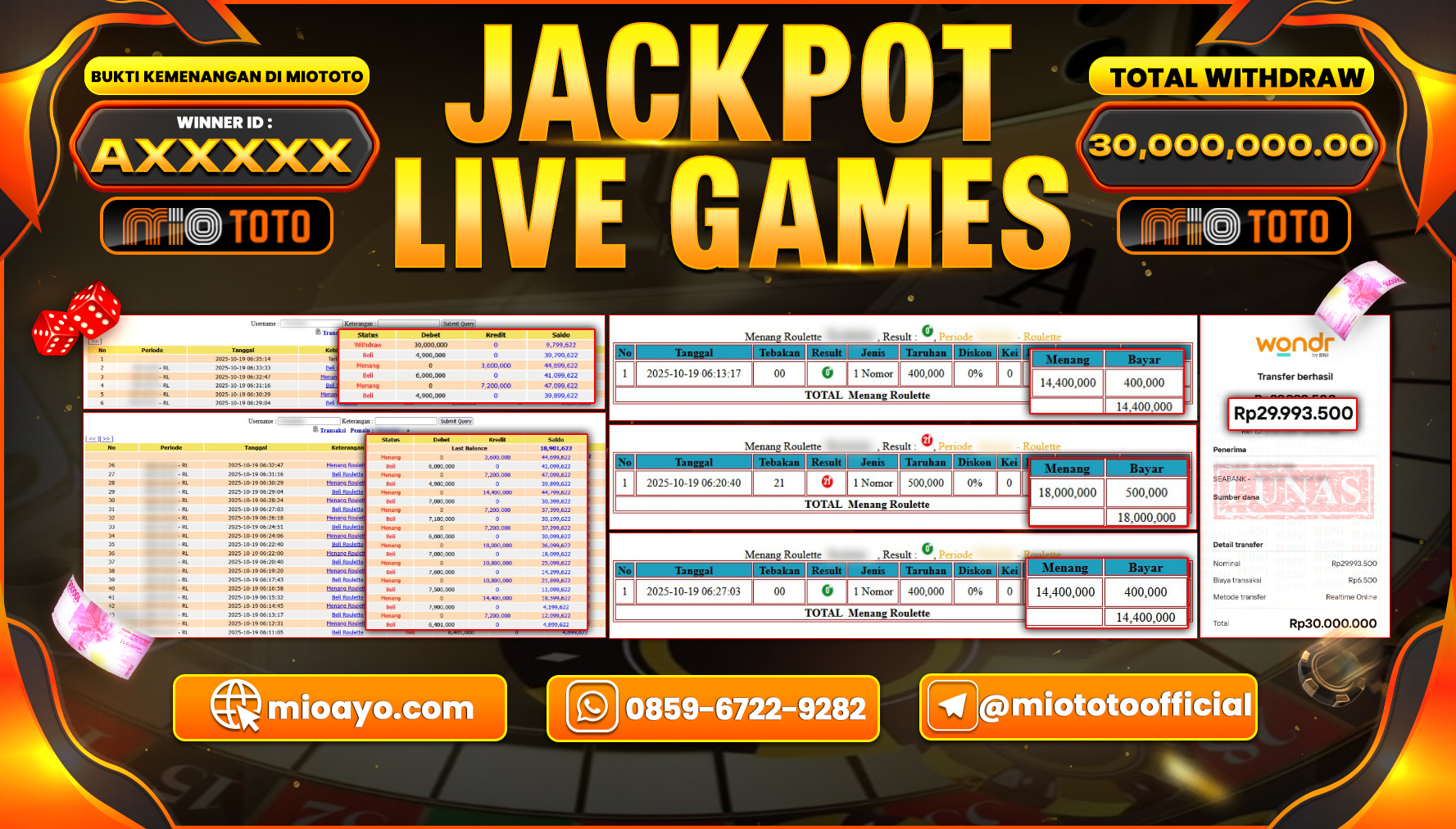 JACKPOT LIVE GAME ROULETTE  Rp.30.,000,000 DI BAYAR TUNAI !!!