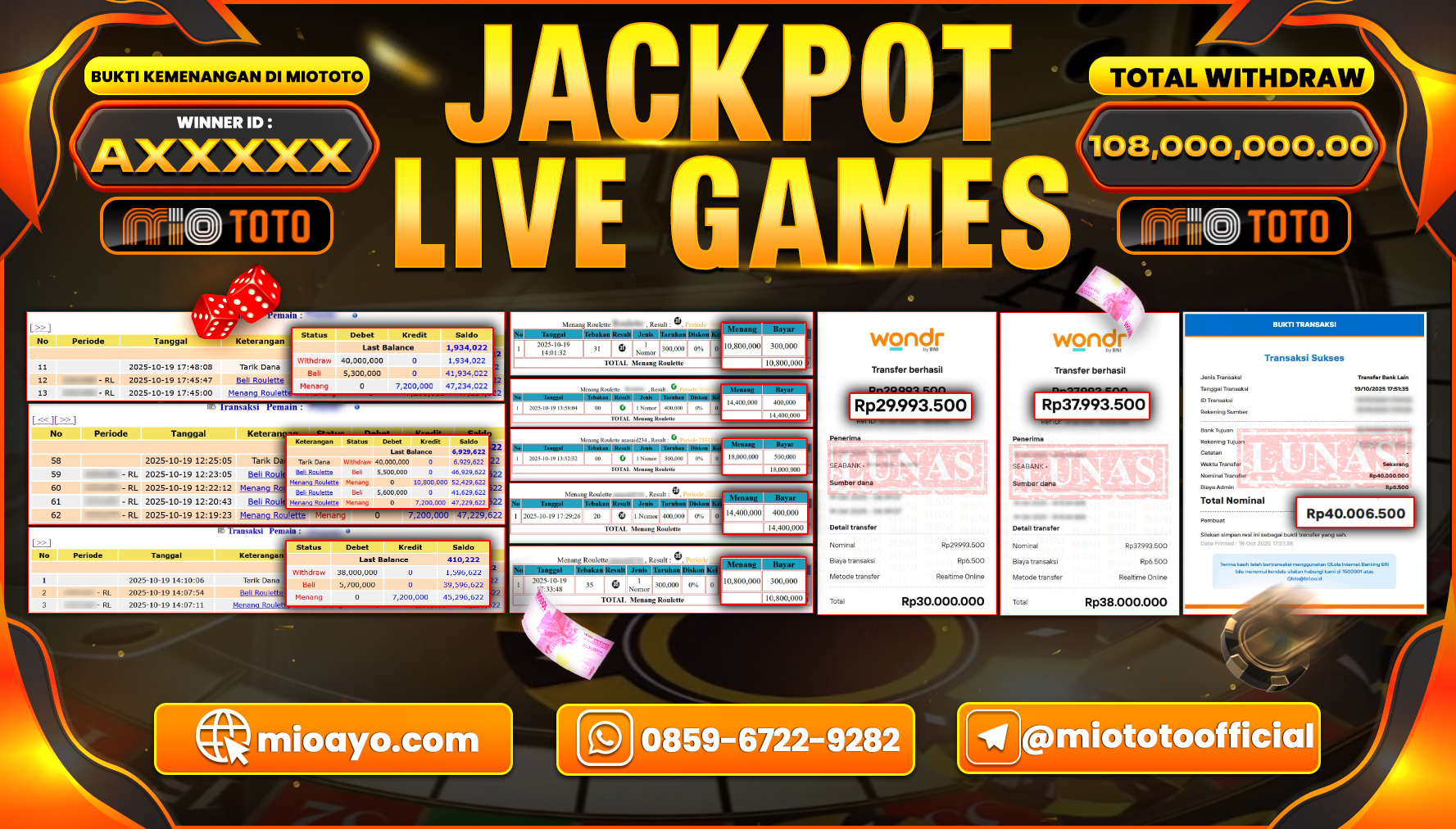 JACKPOT LIVE GAME ROULETTE  Rp.108.,000,000 DI BAYAR TUNAI !!!