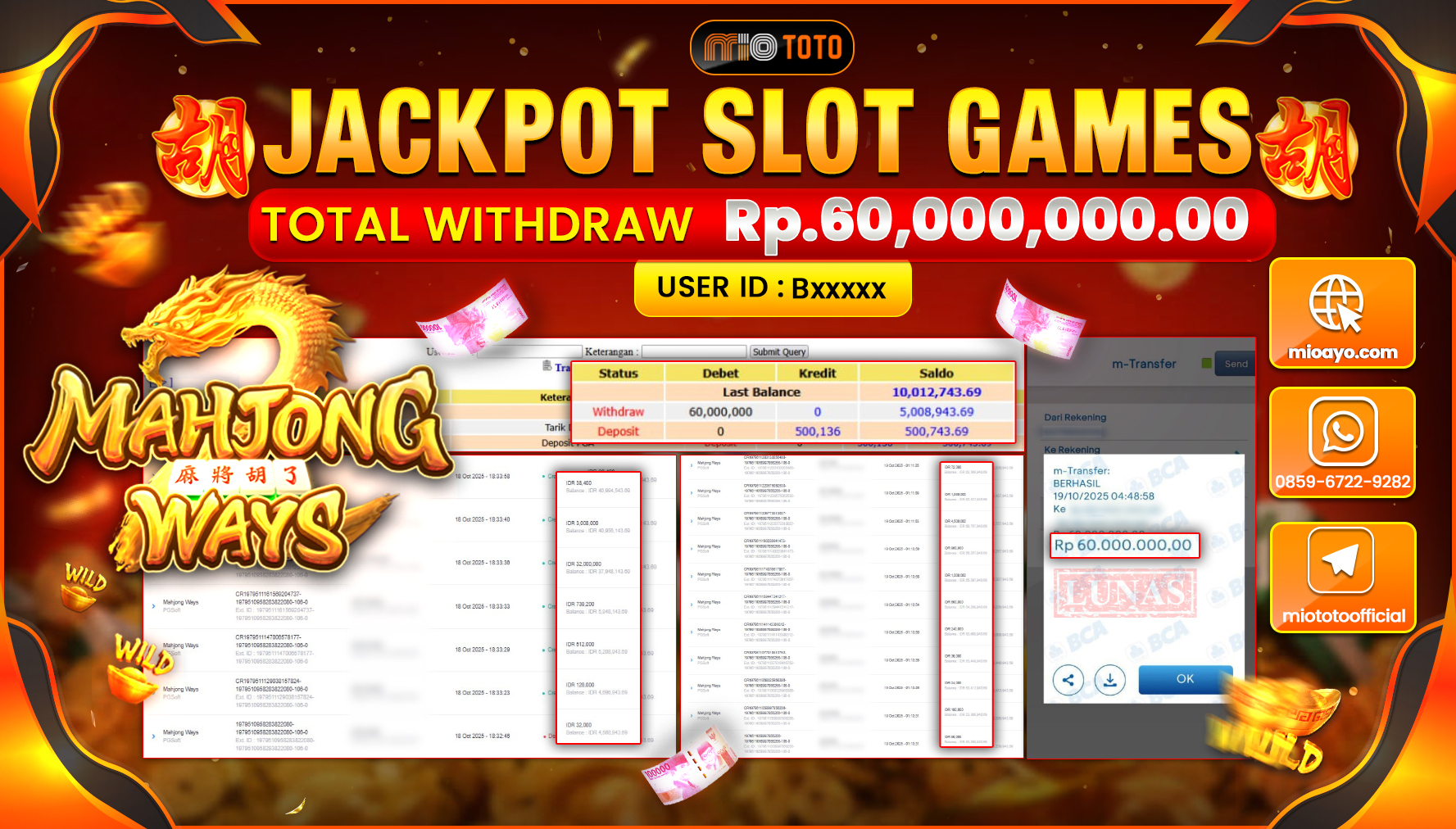 JACKPOT SLOT MAHJONG WAYS Rp60,000,000 DI BAYAR TUNAI !!!