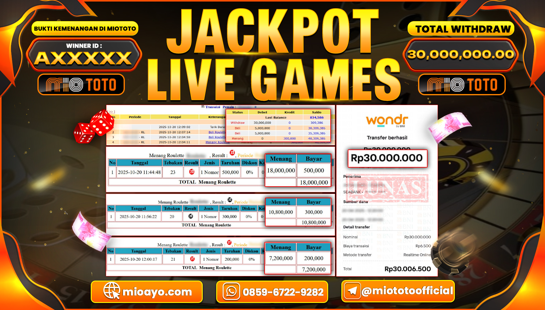 JACKPOT LIVE GAME ROULETTE  Rp.30.,000,000 DI BAYAR TUNAI !!!