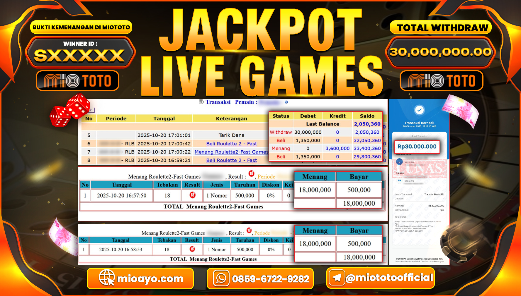JACKPOT LIVE GAME ROULETTE  Rp.30.,000,000 DI BAYAR TUNAI !!!