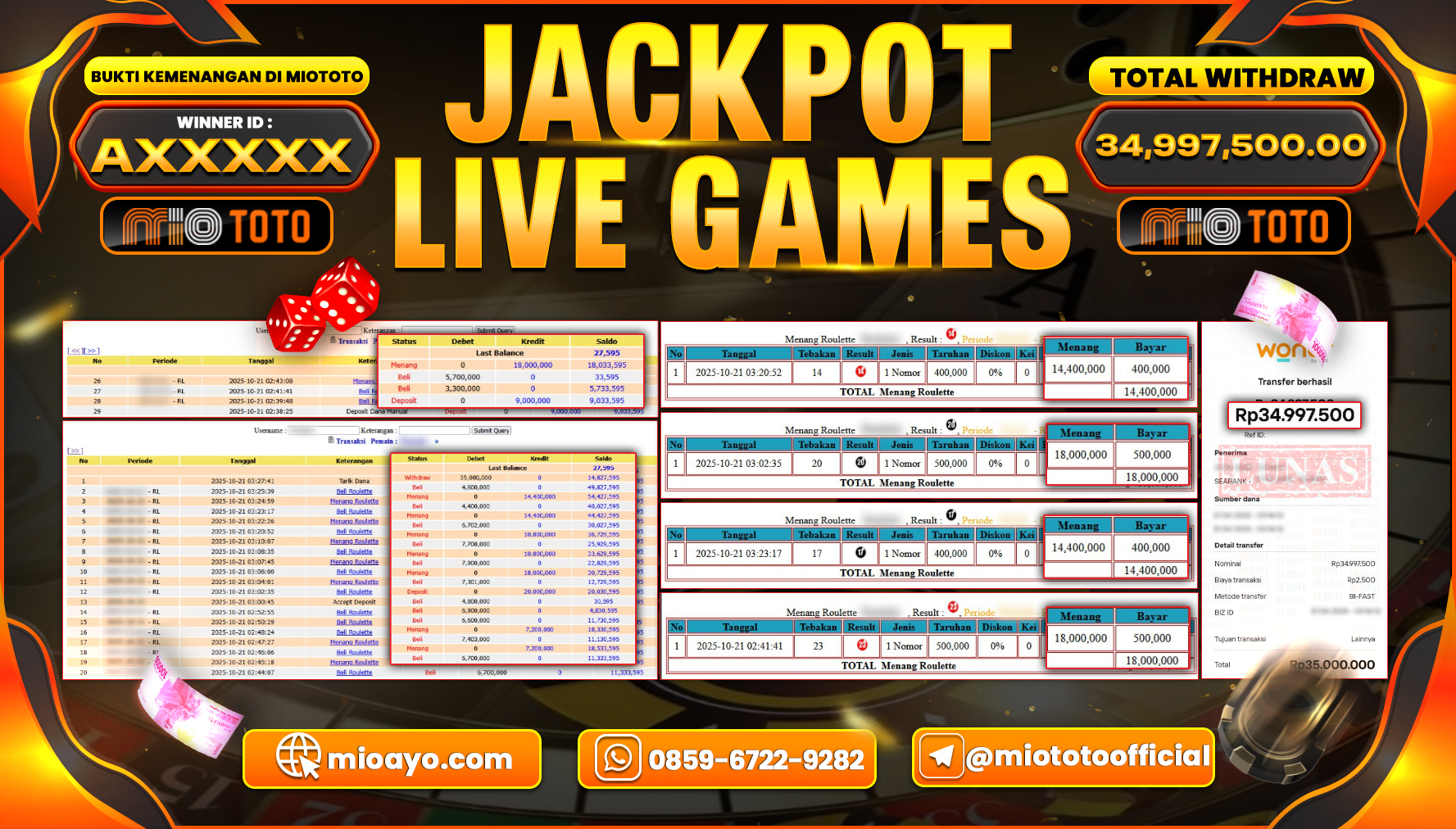 JACKPOT LIVE GAME ROULETTE  Rp.34,997,500 DI BAYAR TUNAI !!!