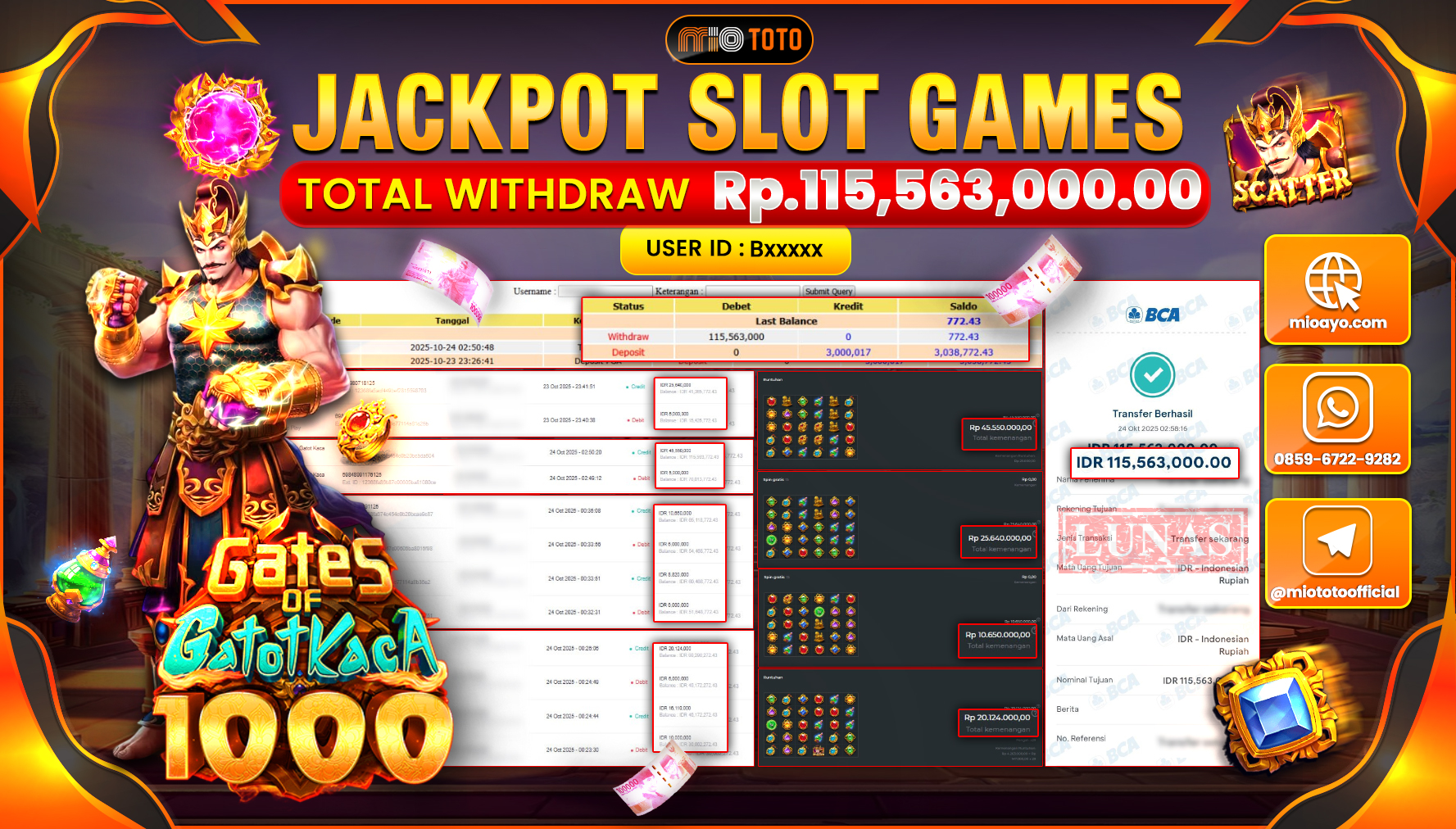 JACKPOT SLOT GATOT KACA 1000 Rp.115,563,000 DI BAYAR TUNAI !!!